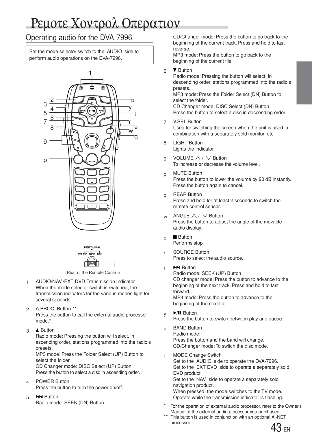 Alpine owner manual Remote Control Operation, Operating audio for the DVA-7996 