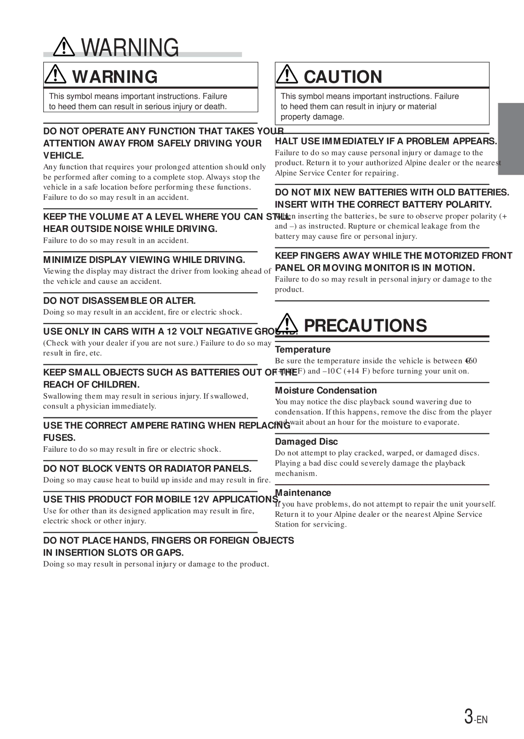 Alpine DVA-7996 owner manual Temperature, Moisture Condensation, Damaged Disc, Maintenance 