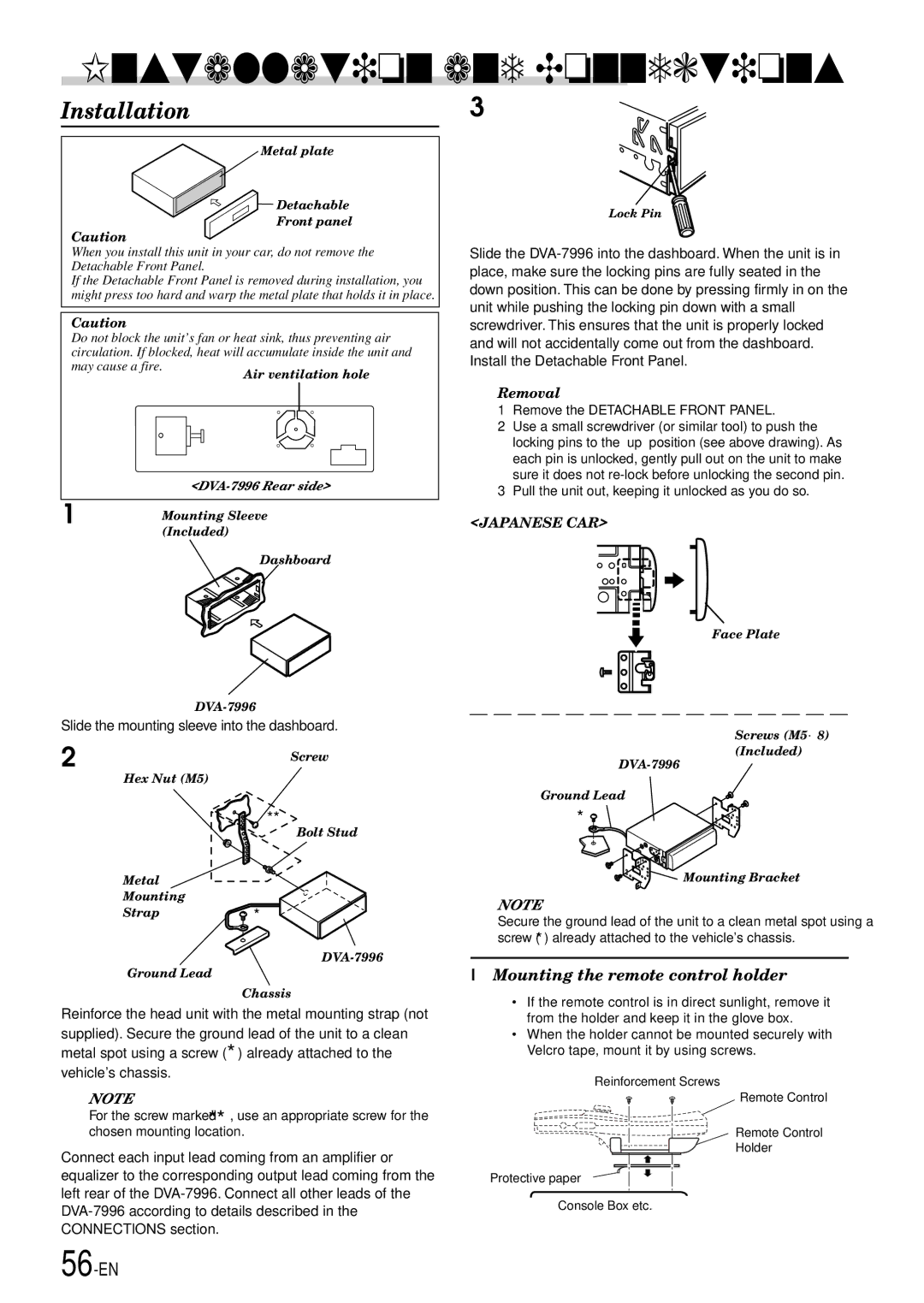 Alpine DVA-7996 owner manual Installation, Mounting the remote control holder, Removal 