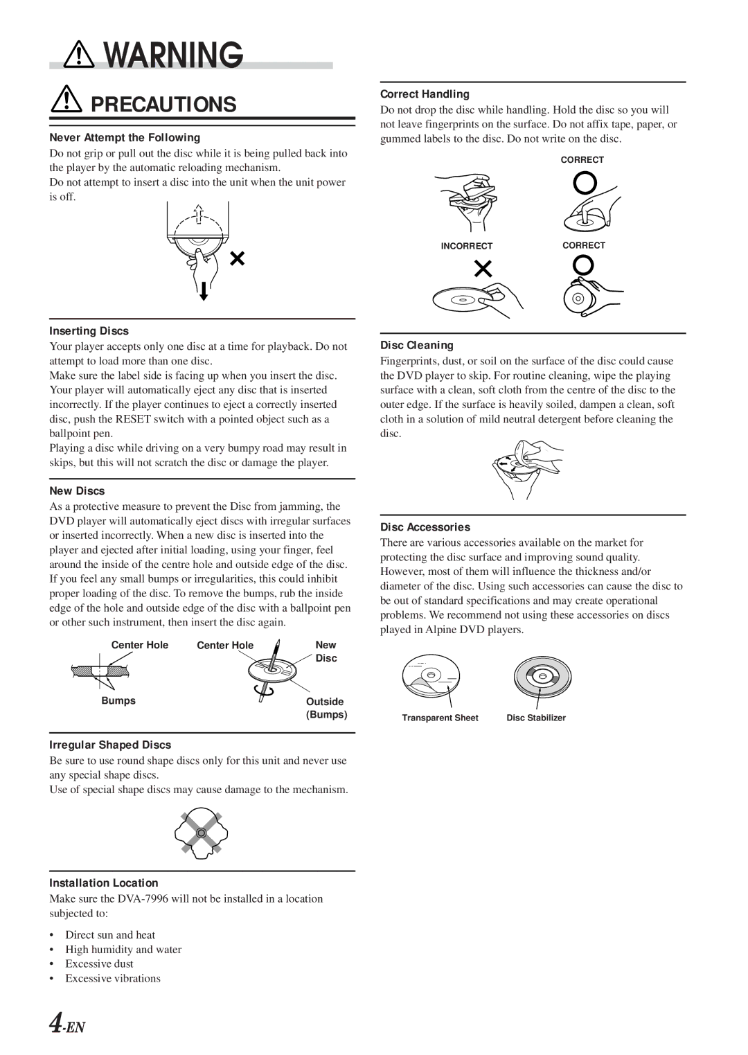 Alpine DVA-7996 Never Attempt the Following, Correct Handling, Inserting Discs, New Discs, Irregular Shaped Discs 