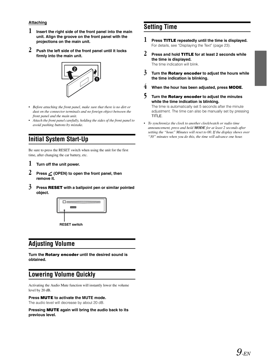 Alpine DVA-9861 owner manual Initial System Start-Up, Setting Time, Adjusting Volume, Lowering Volume Quickly 