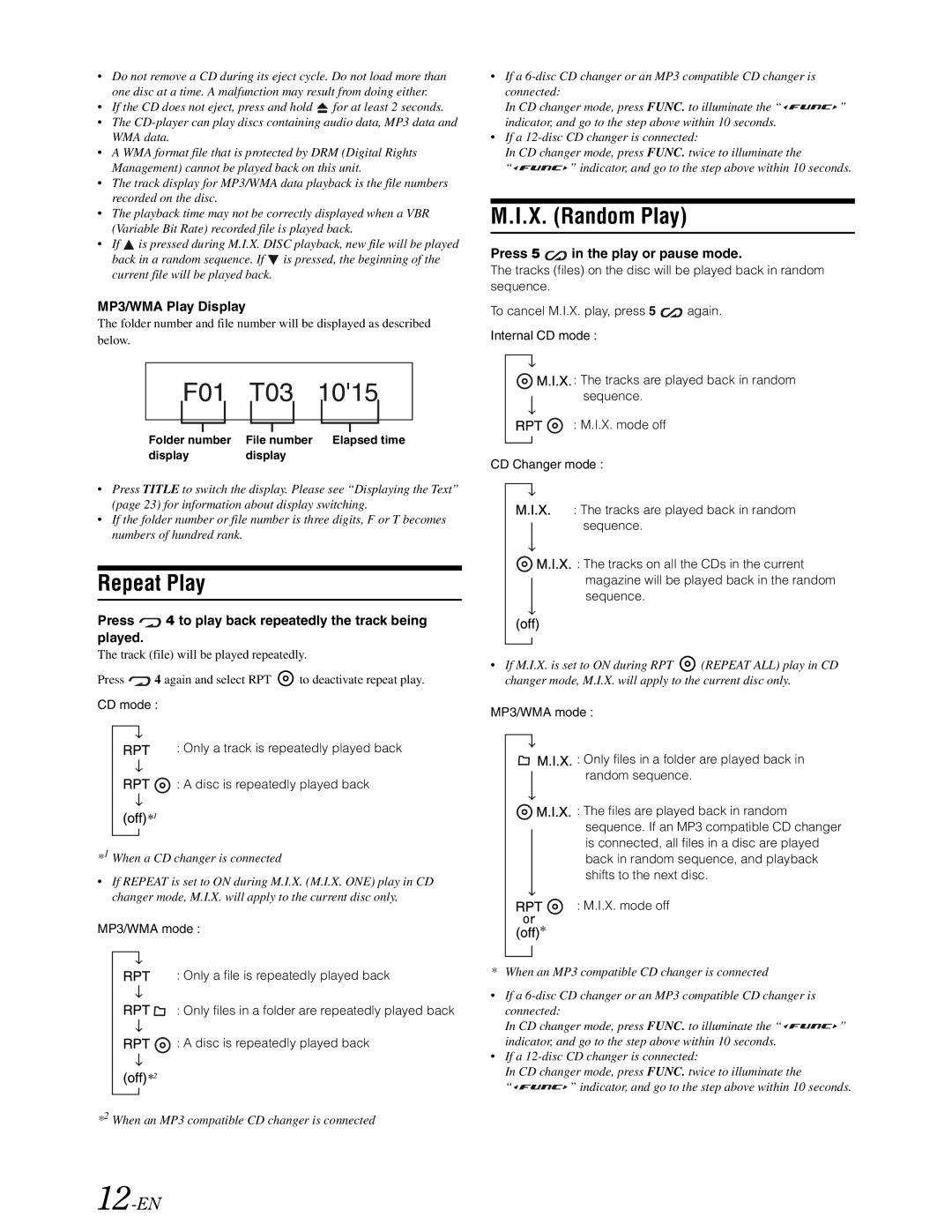 Alpine DVA-9861 owner manual Repeat Play, X. Random Play, 12-EN 