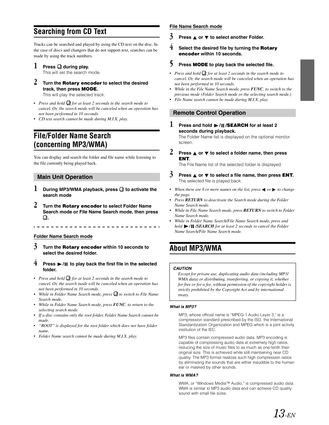 Alpine DVA-9861 Searching from CD Text, File/Folder Name Search Concerning MP3/WMA, About MP3/WMA, Main Unit Operation 