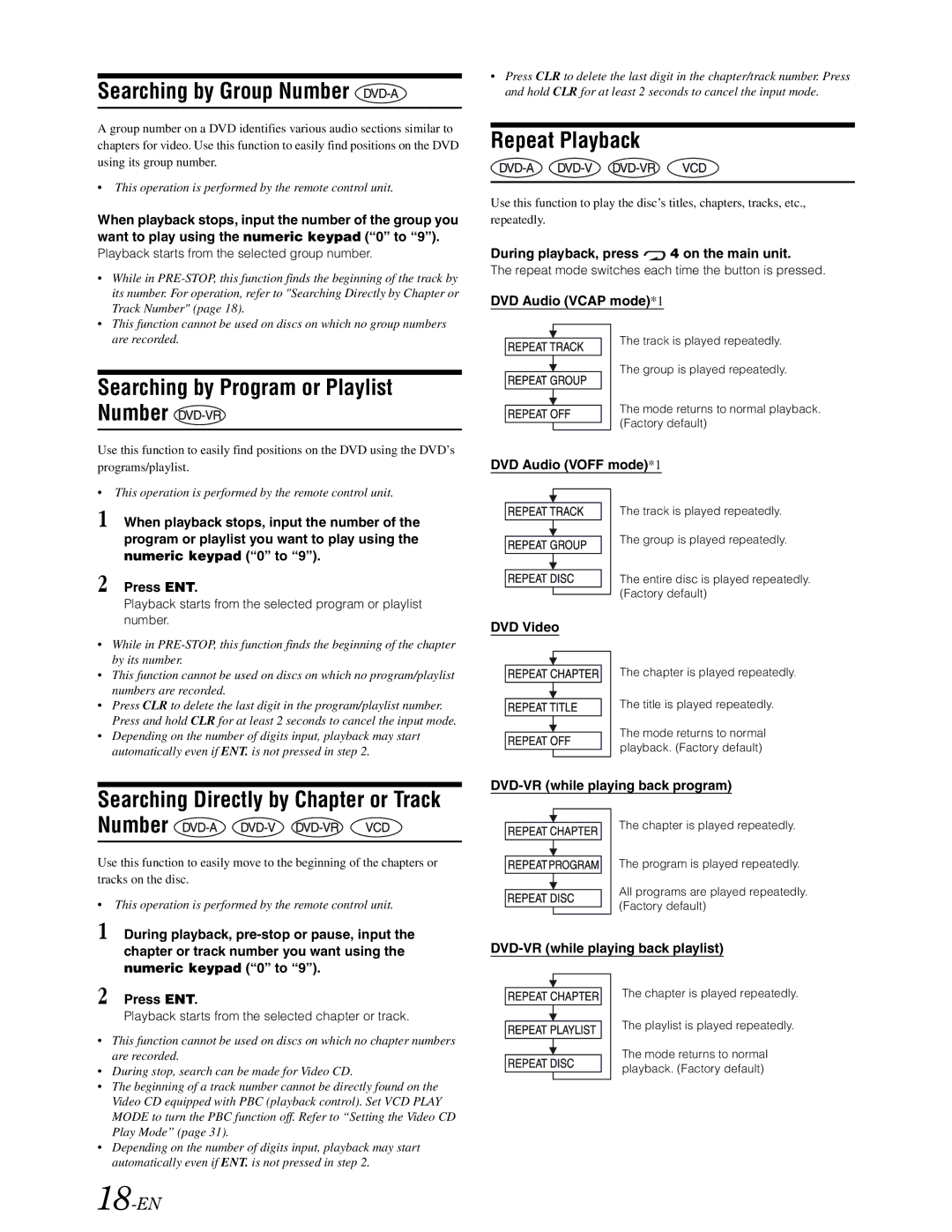 Alpine DVA-9861 owner manual Searching by Group Number, Searching by Program or Playlist Number, Repeat Playback, 18-EN 