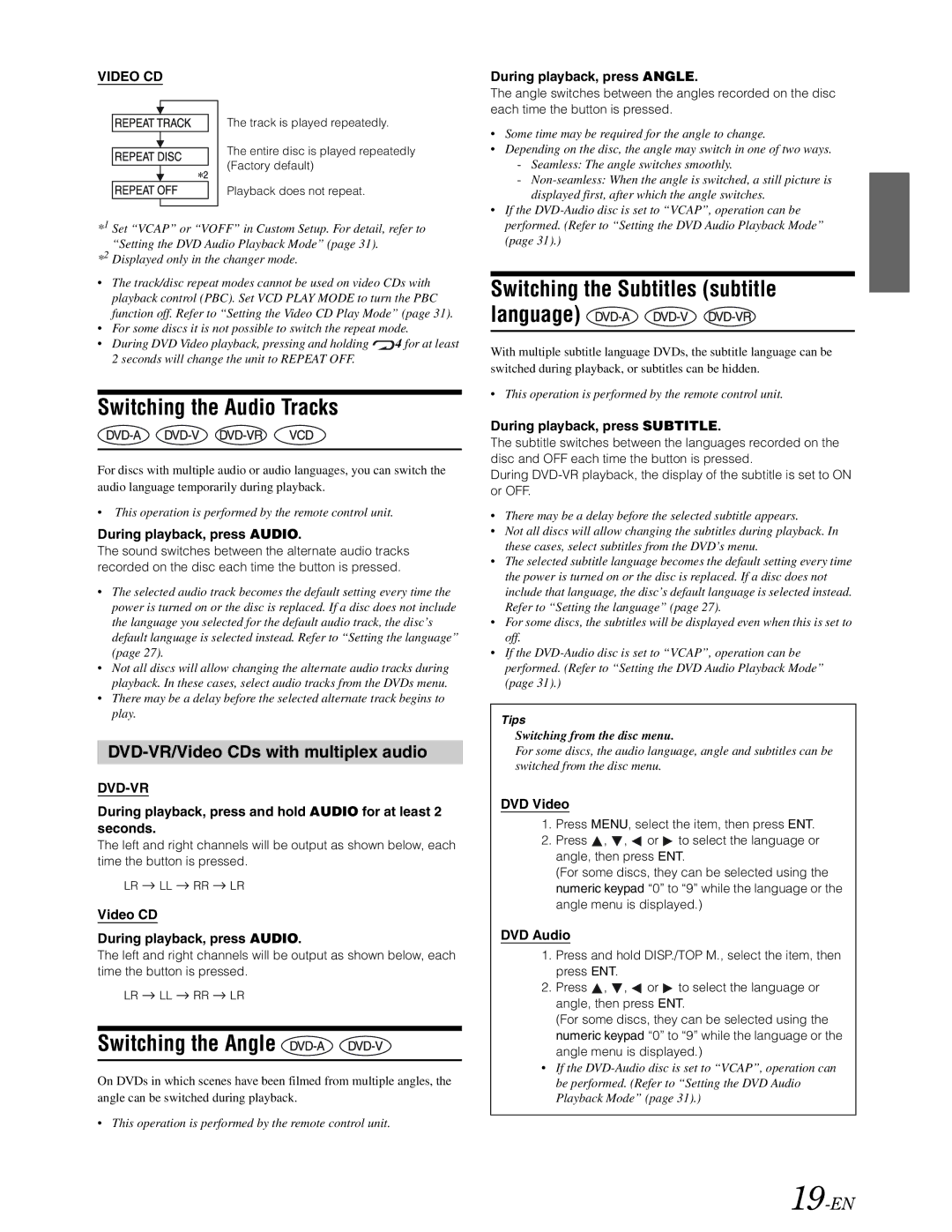 Alpine DVA-9861 owner manual Switching the Audio Tracks, Switching the Angle, DVD-VR/Video CDs with multiplex audio, 19-EN 