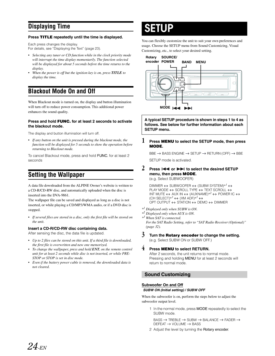 Alpine DVA-9861 owner manual Displaying Time, Blackout Mode On and Off, Setting the Wallpaper, Sound Customizing, 24-EN 