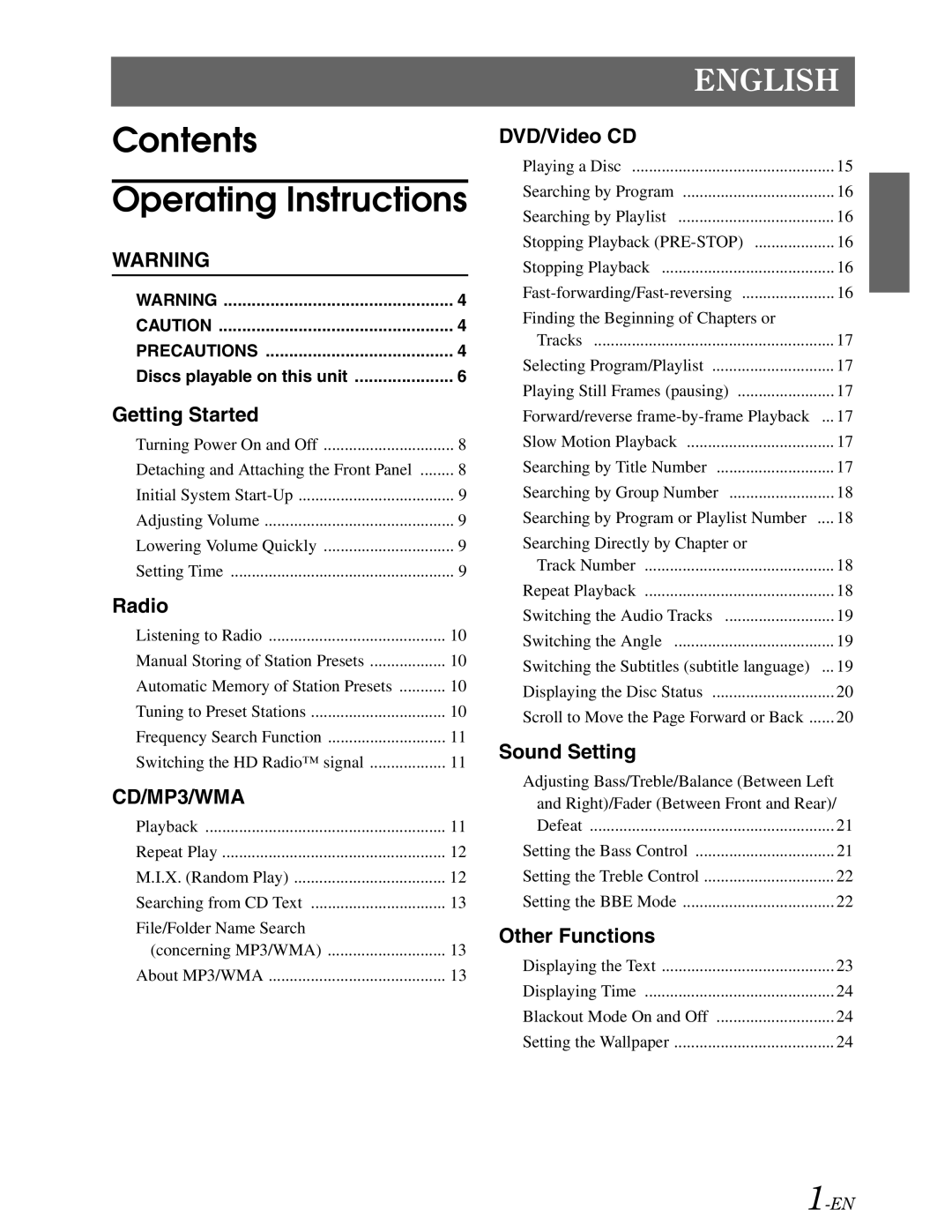 Alpine DVA-9861 owner manual Contents Operating Instructions 