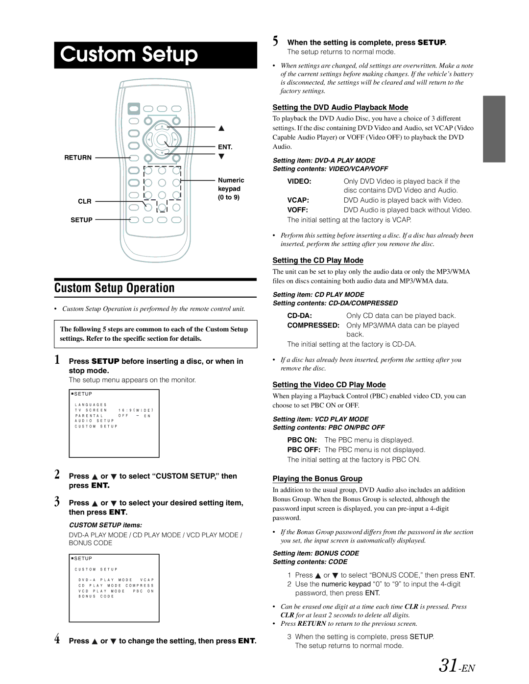 Alpine DVA-9861 owner manual Custom Setup Operation, 31-EN 