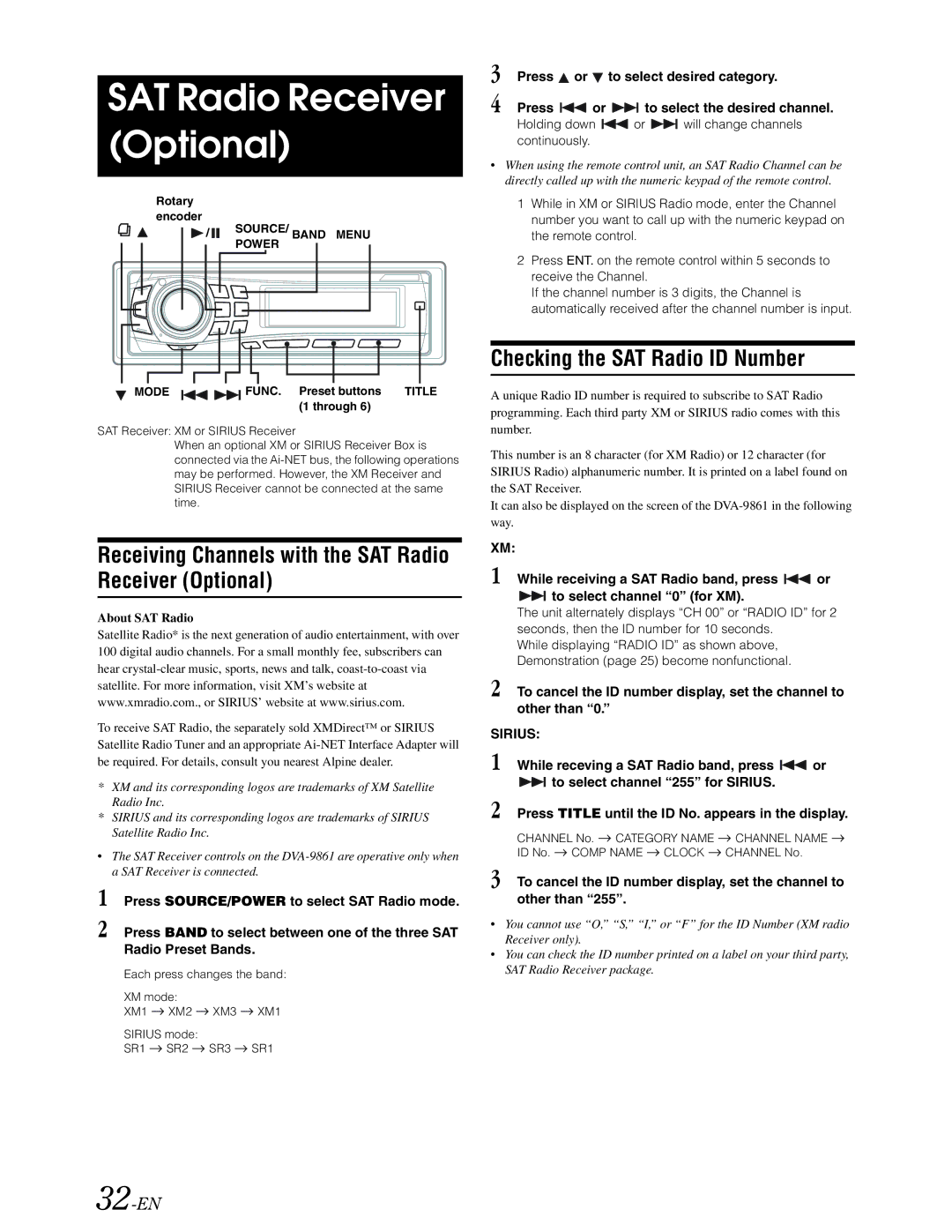 Alpine DVA-9861 Receiving Channels with the SAT Radio Receiver Optional, Checking the SAT Radio ID Number, 32-EN 