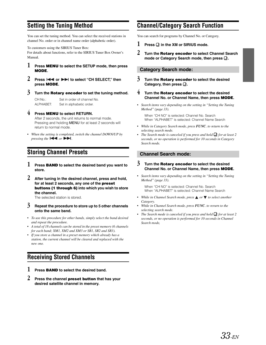 Alpine DVA-9861 owner manual Setting the Tuning Method, Storing Channel Presets, Receiving Stored Channels 