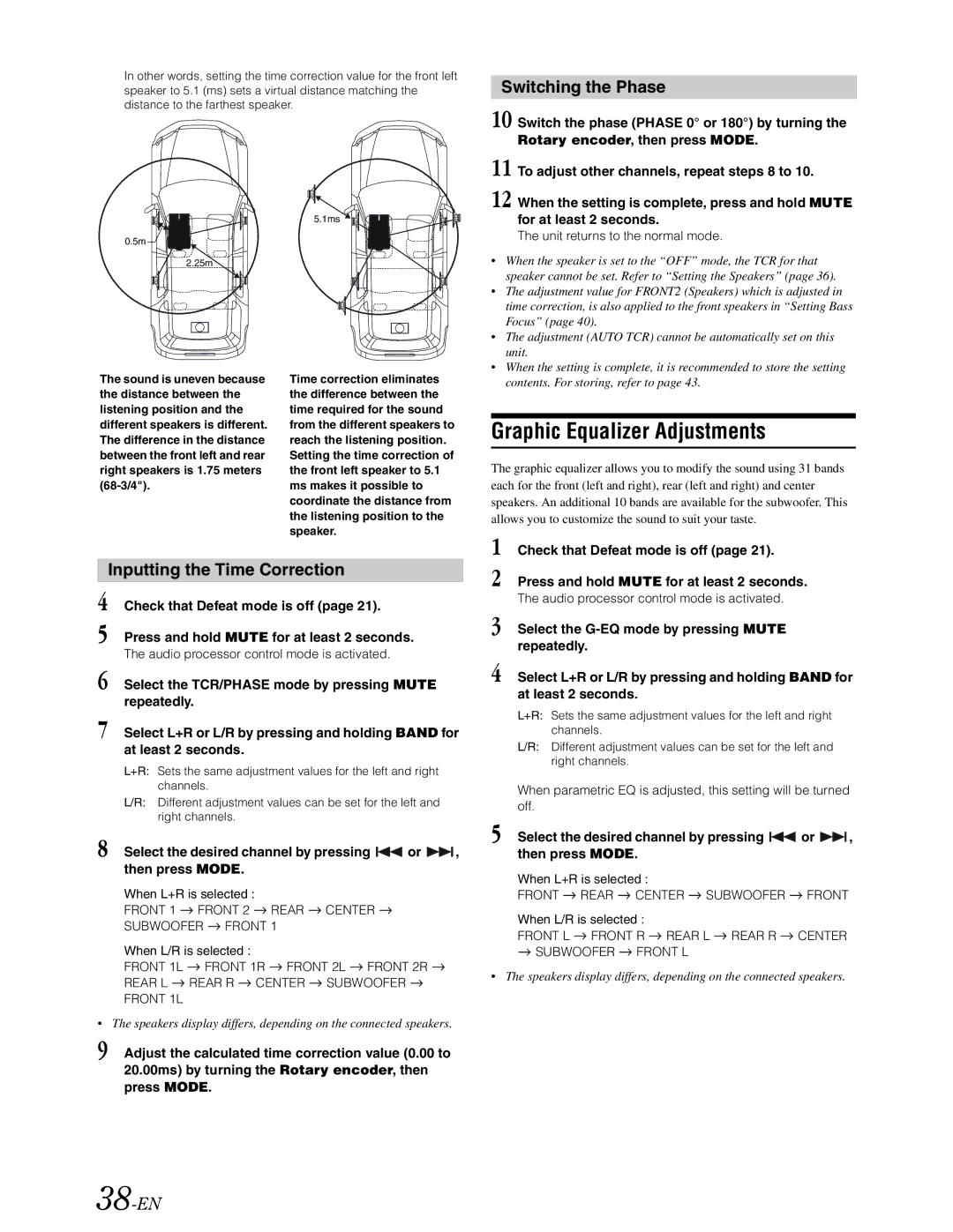 Alpine DVA-9861 owner manual Graphic Equalizer Adjustments, Switching the Phase, Inputting the Time Correction, 38-EN 