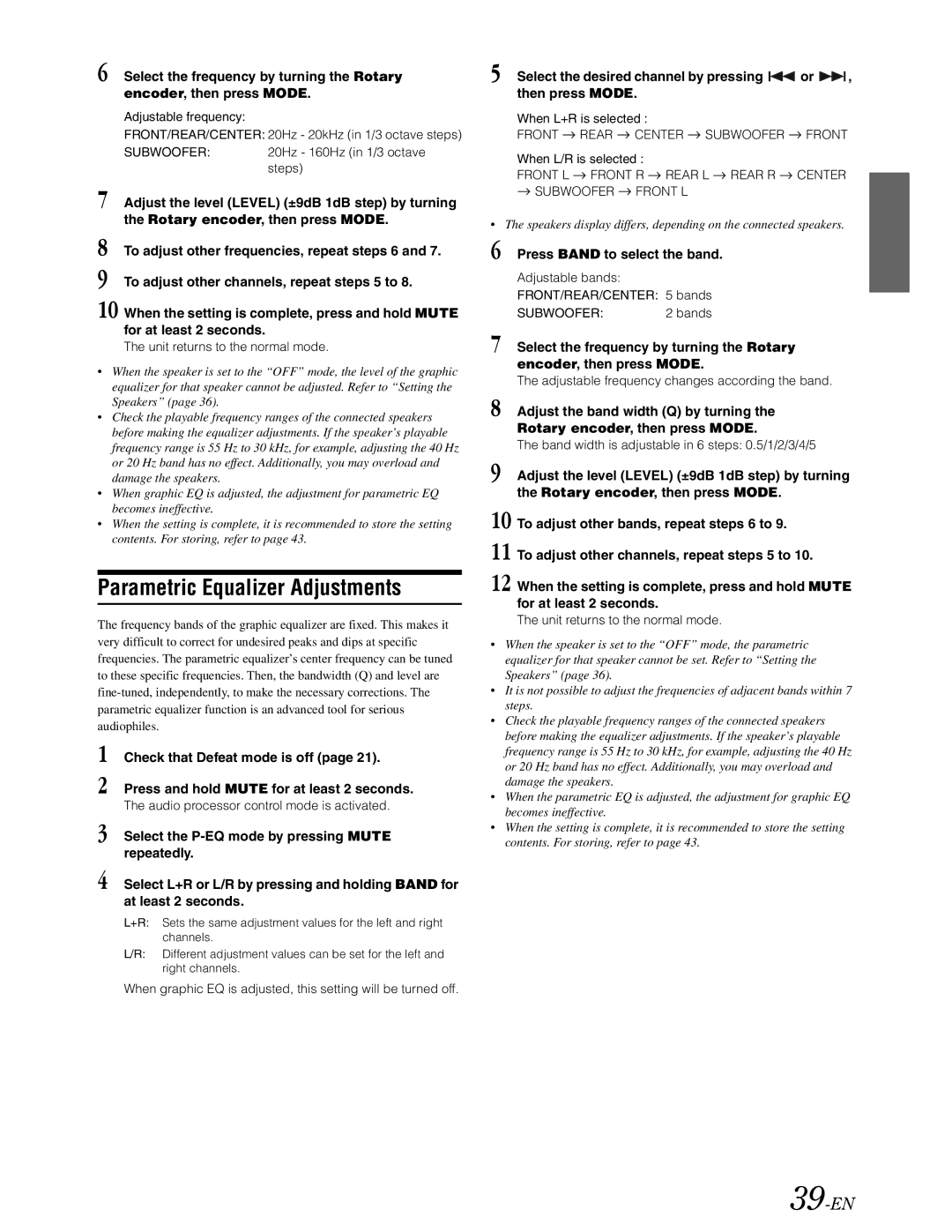 Alpine DVA-9861 owner manual Parametric Equalizer Adjustments, 39-EN, Press Band to select the band 