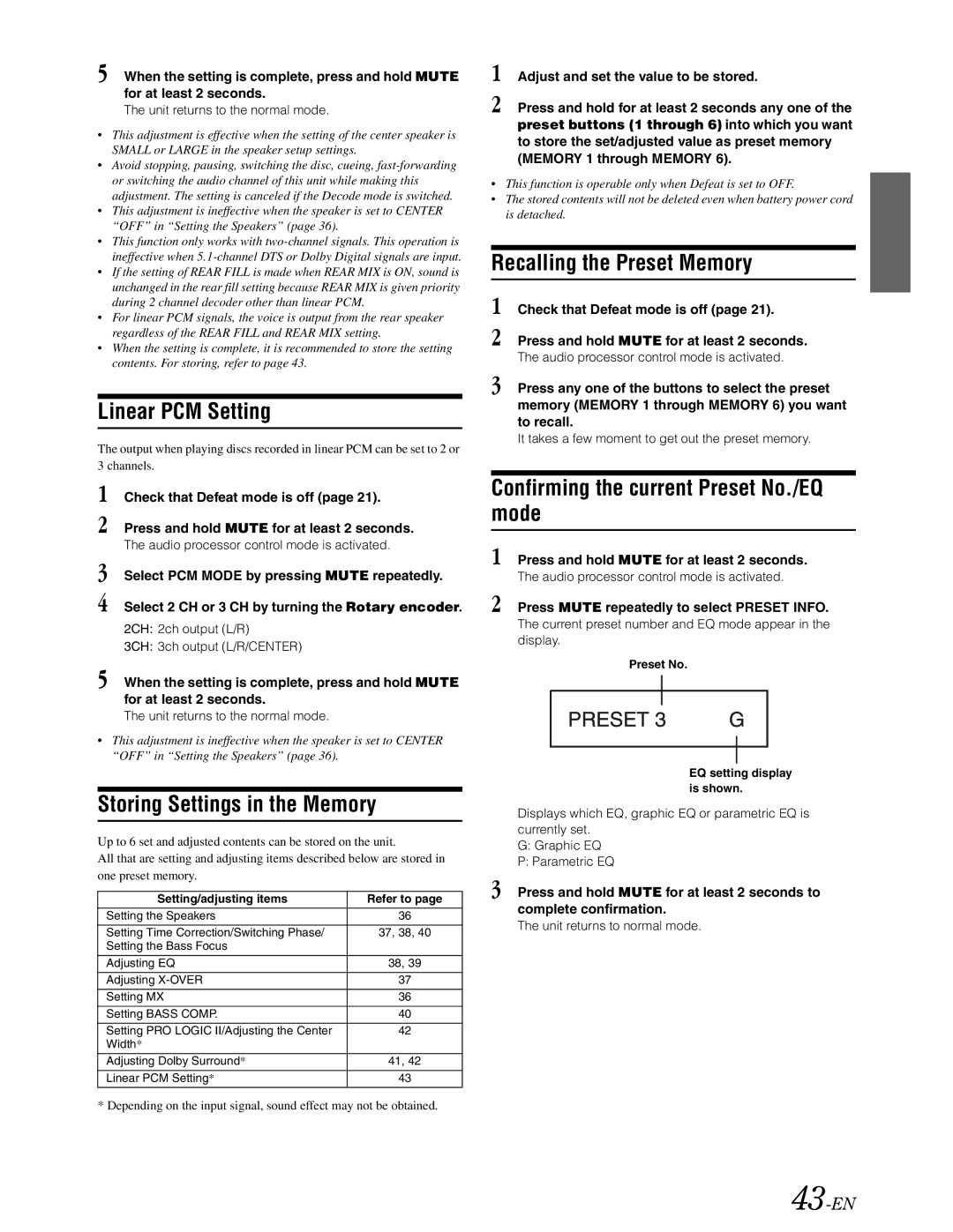 Alpine DVA-9861 owner manual Linear PCM Setting, Storing Settings in the Memory, Recalling the Preset Memory, 43-EN 