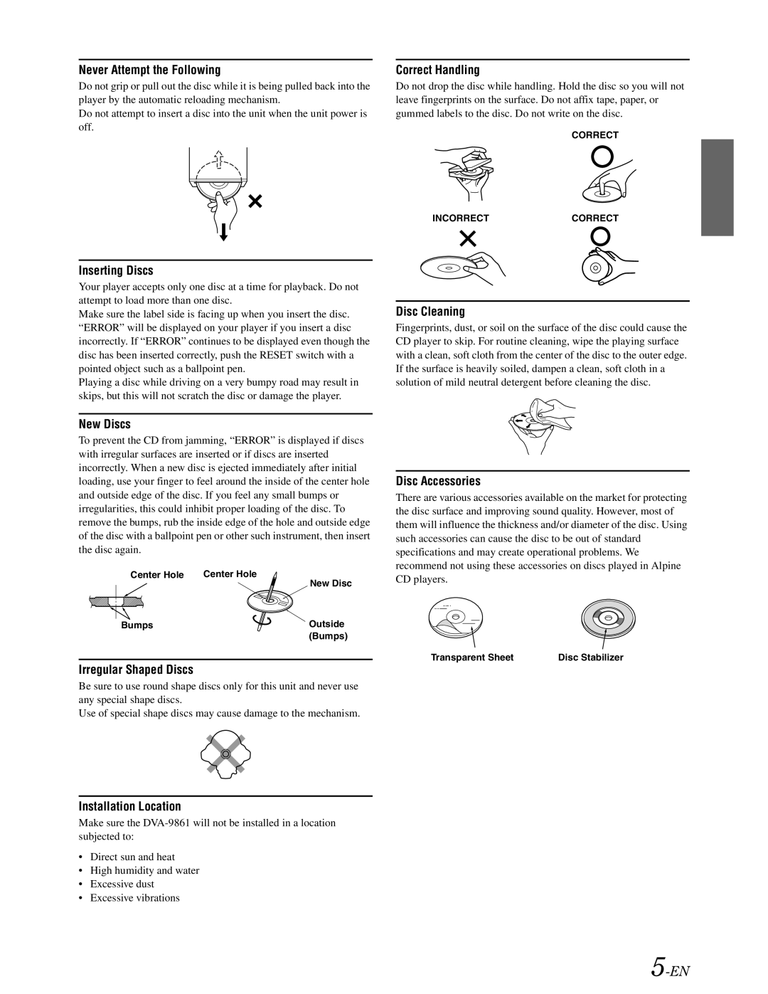 Alpine DVA-9861 owner manual Never Attempt the Following 