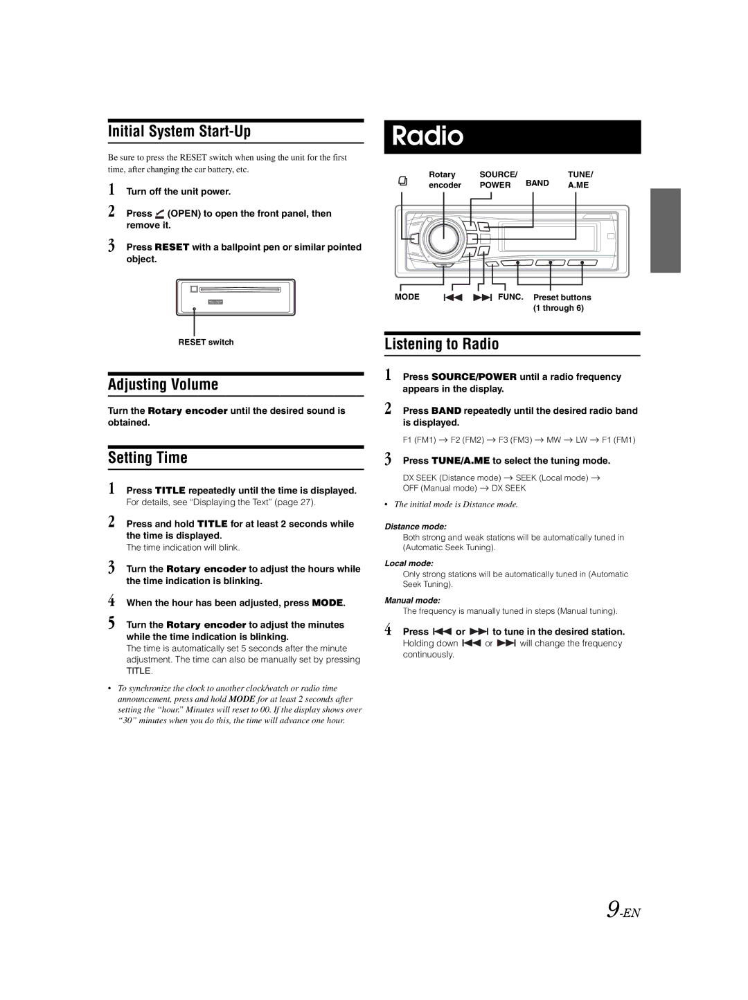 Alpine DVA-9861Ri owner manual Initial System Start-Up, Adjusting Volume, Setting Time, Listening to Radio 