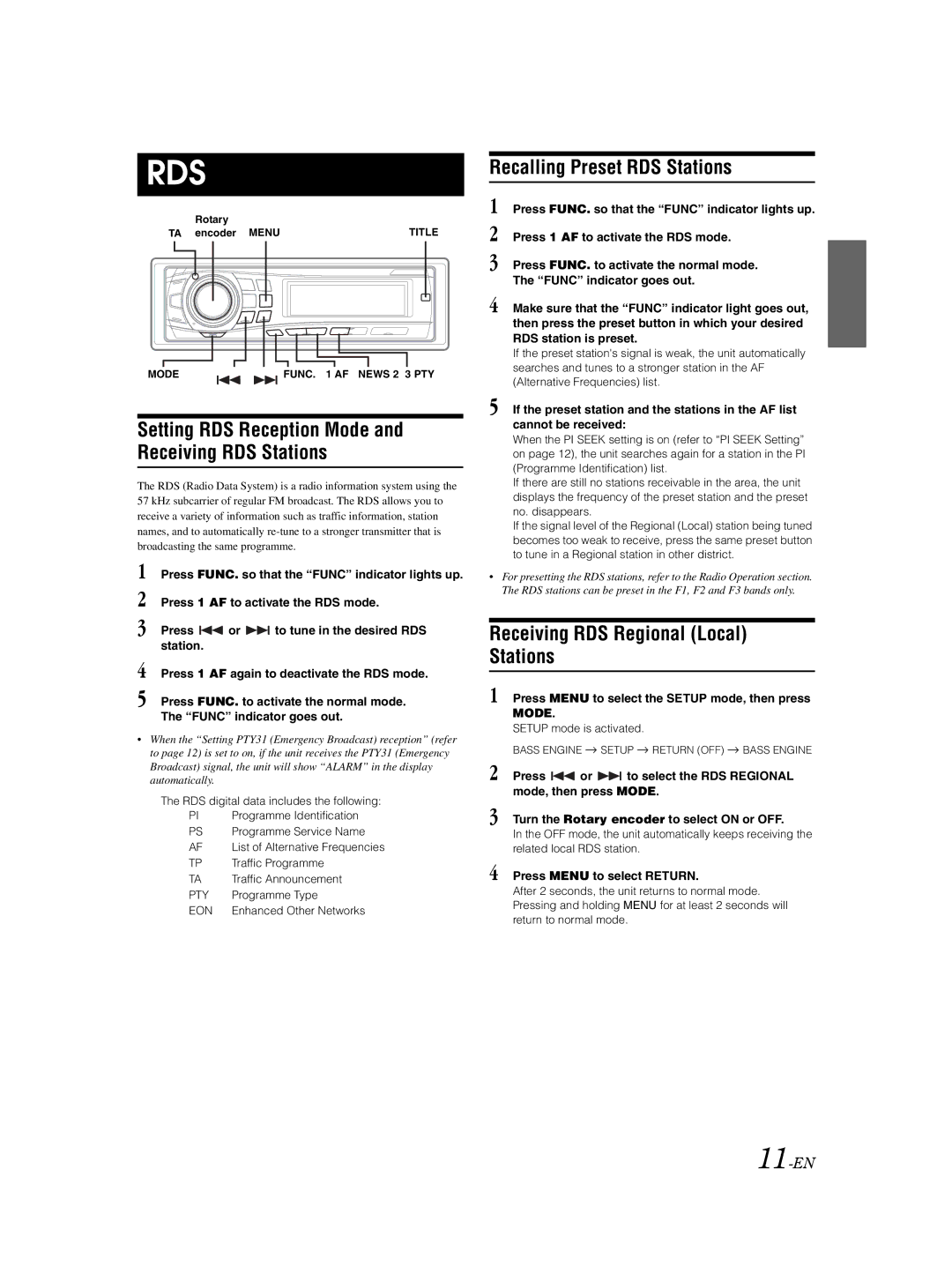 Alpine DVA-9861Ri owner manual Setting RDS Reception Mode and Receiving RDS Stations, Recalling Preset RDS Stations, 11-EN 