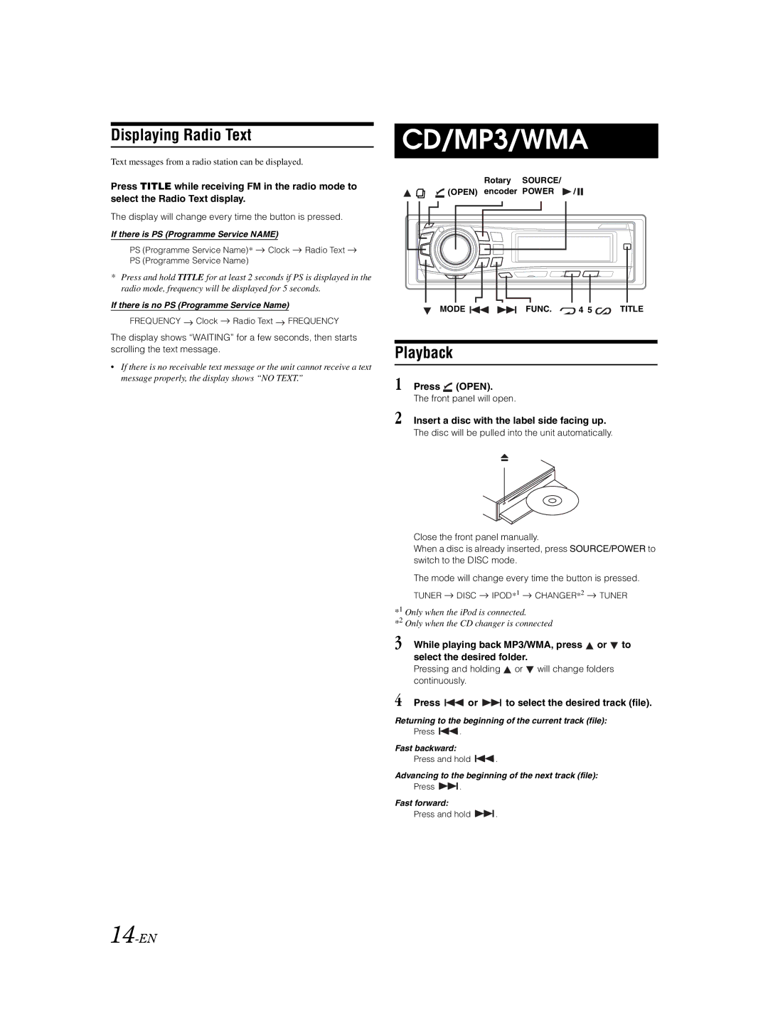 Alpine DVA-9861Ri owner manual Displaying Radio Text, Playback, 14-EN 