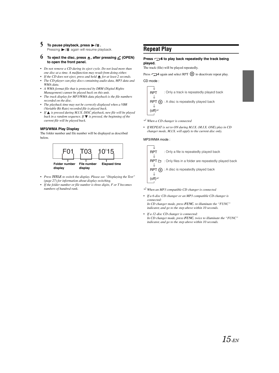 Alpine DVA-9861Ri owner manual Repeat Play, 15-EN, To pause playback, press, MP3/WMA Play Display 