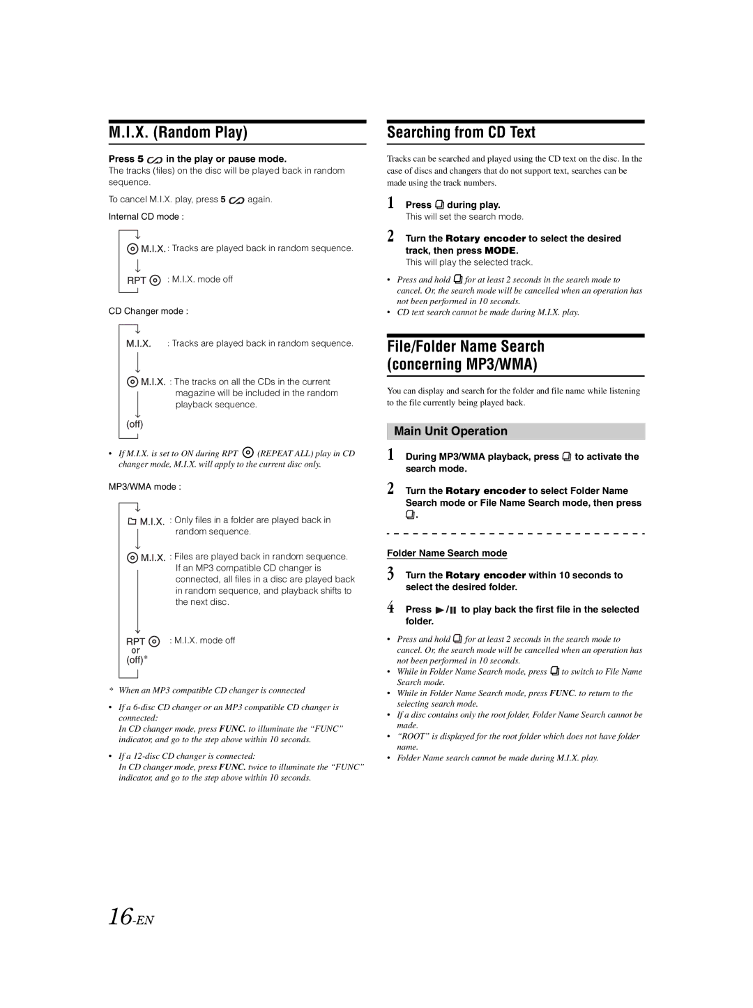 Alpine DVA-9861Ri X. Random Play, Searching from CD Text, File/Folder Name Search Concerning MP3/WMA, Main Unit Operation 