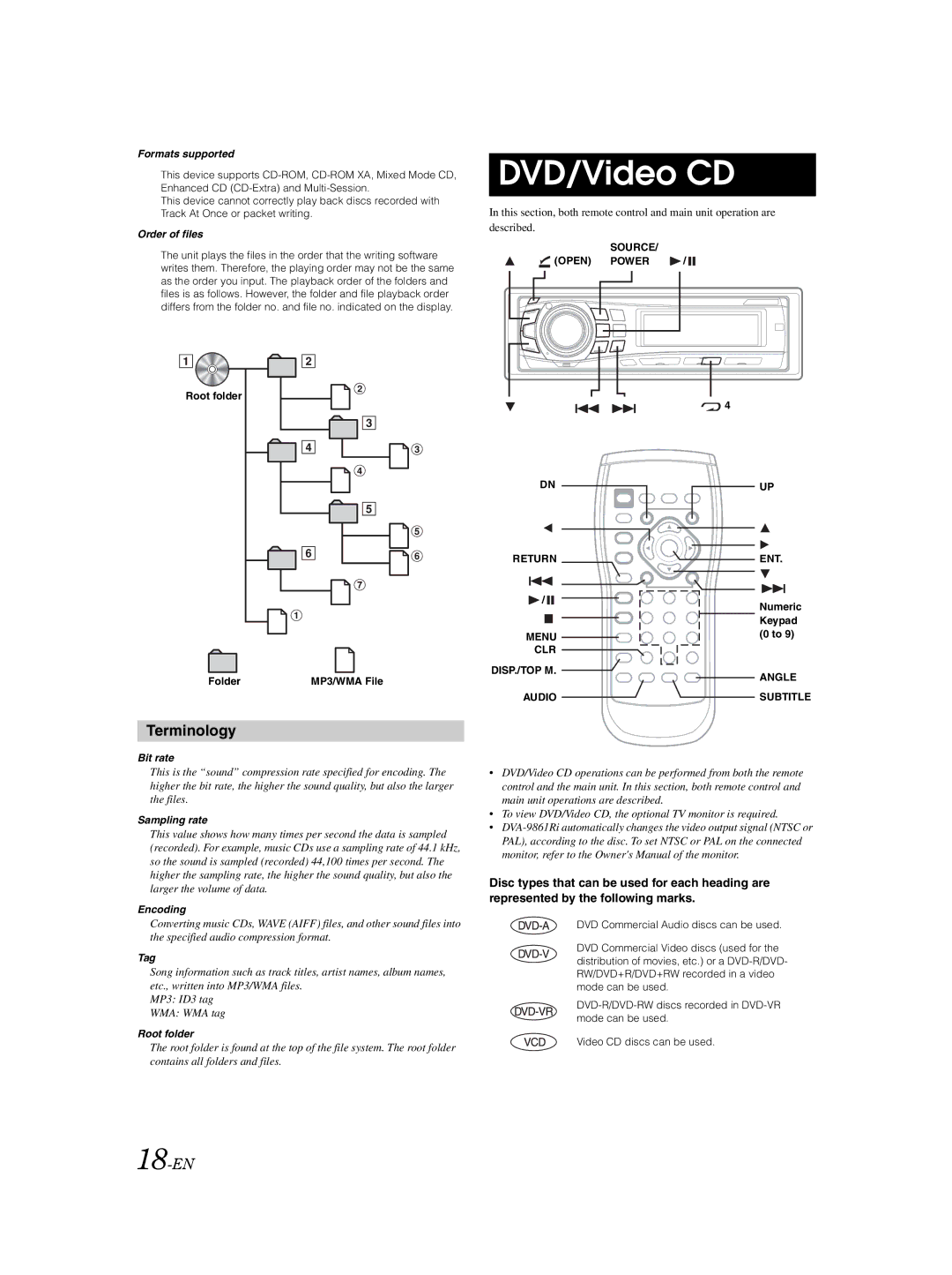 Alpine DVA-9861Ri owner manual DVD/Video CD, Terminology, 18-EN 