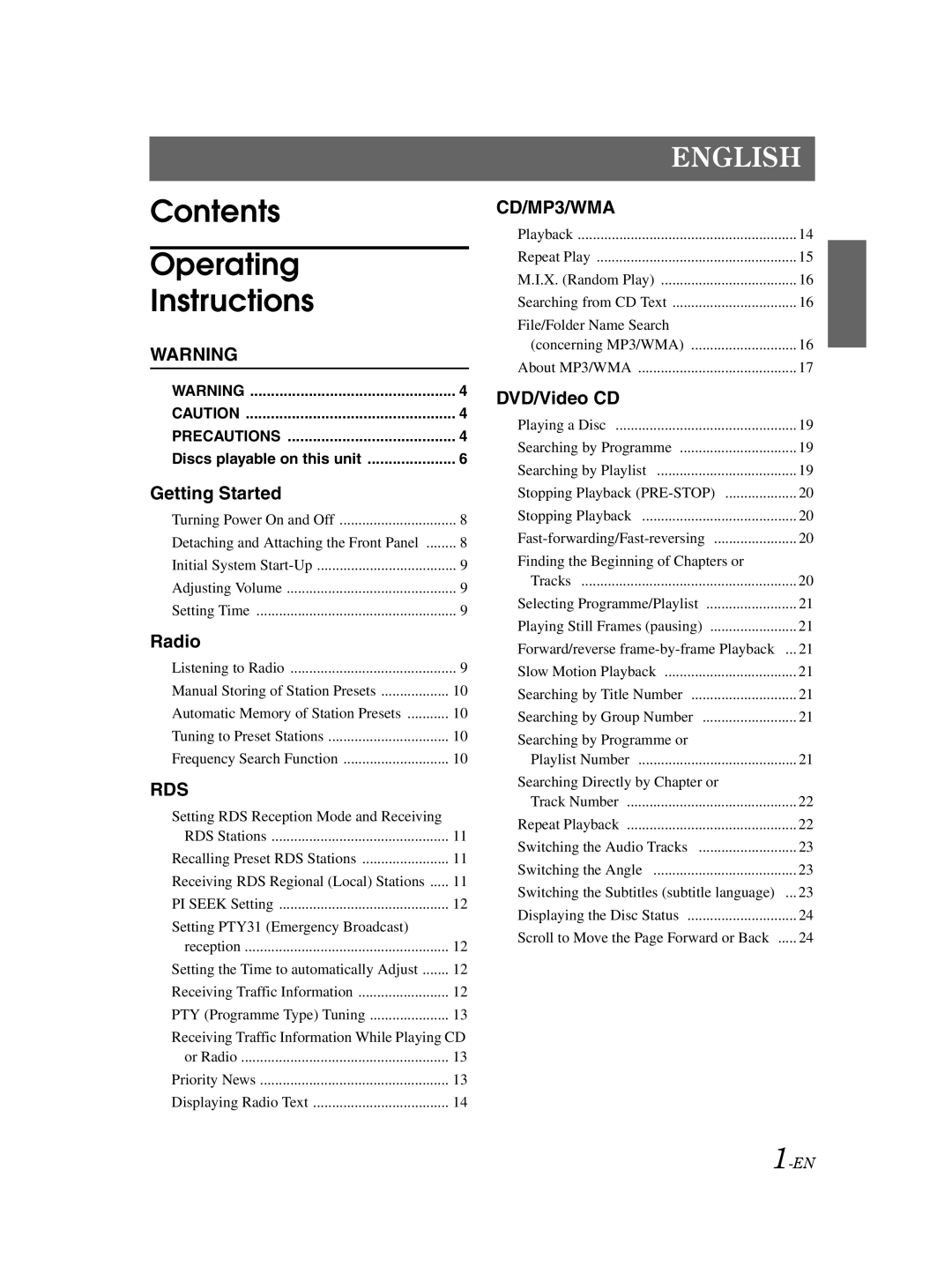 Alpine DVA-9861Ri owner manual Contents Operating Instructions 