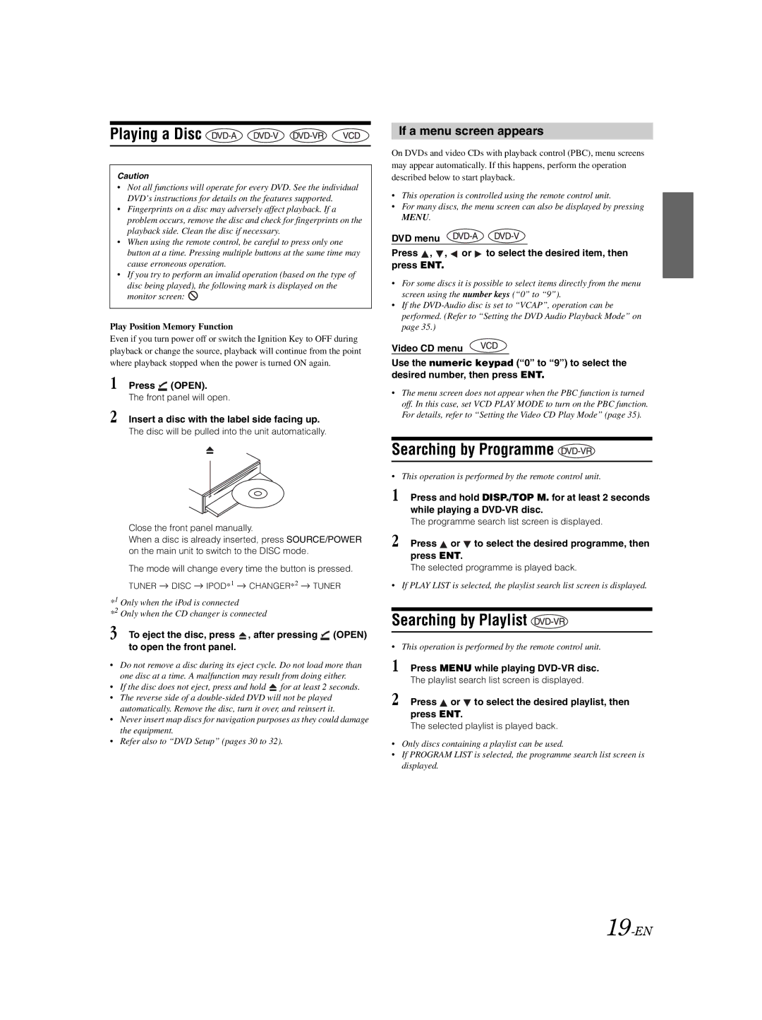 Alpine DVA-9861Ri Playing a Disc, Searching by Programme, Searching by Playlist, If a menu screen appears, 19-EN 