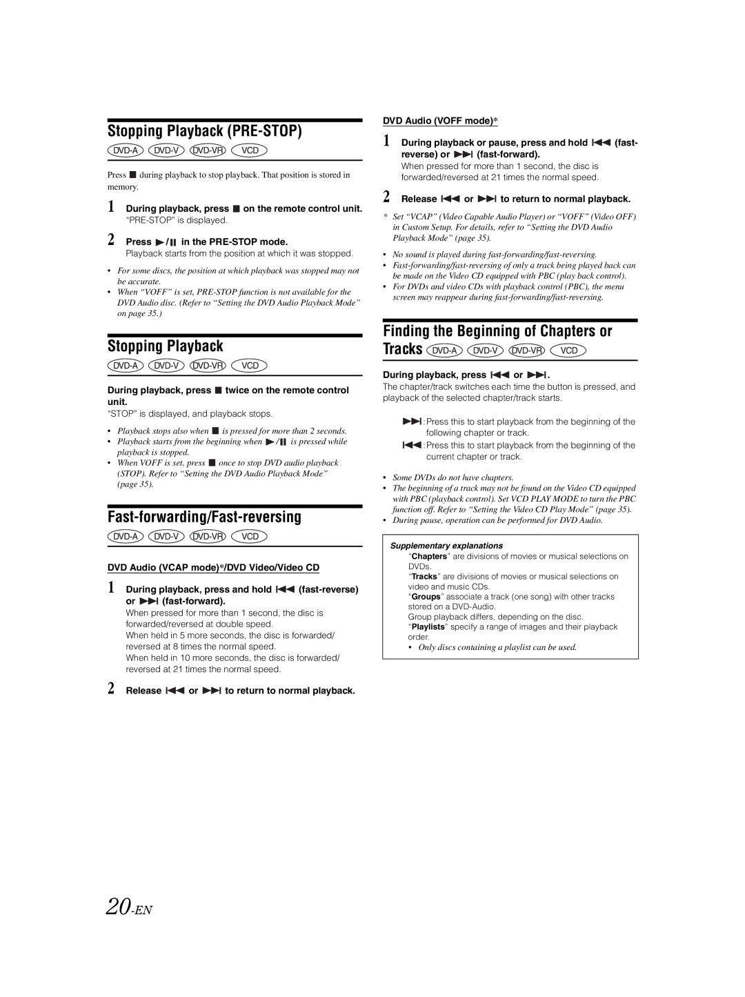 Alpine DVA-9861Ri owner manual Stopping Playback PRE-STOP, Fast-forwarding/Fast-reversing, 20-EN 