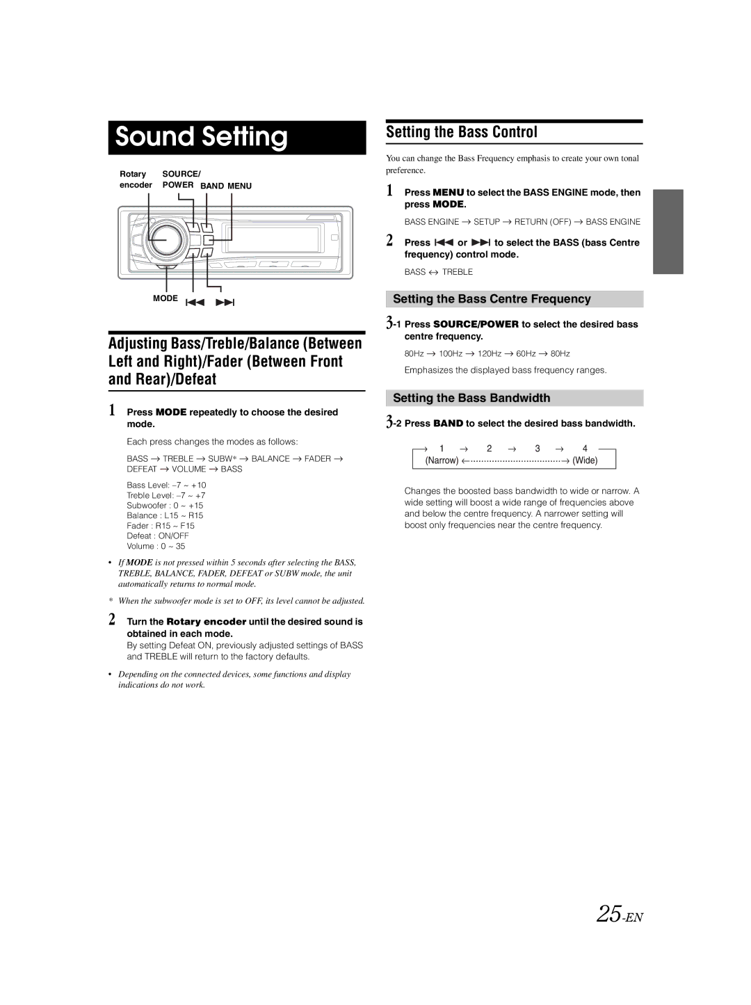 Alpine DVA-9861Ri owner manual Sound Setting, Left and Right/Fader Between Front Rear/Defeat, Setting the Bass Control 