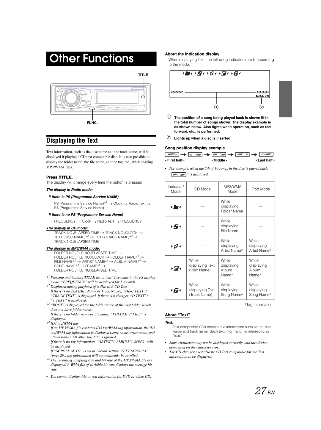 Alpine DVA-9861Ri owner manual Other Functions, Displaying the Text, 27-EN 