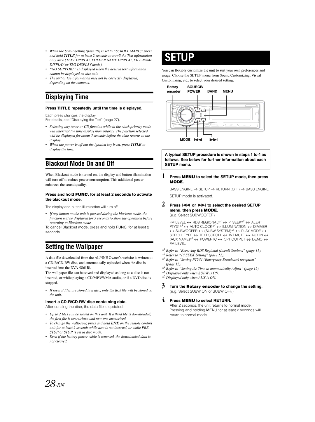 Alpine DVA-9861Ri owner manual Displaying Time, Blackout Mode On and Off, Setting the Wallpaper, 28-EN 