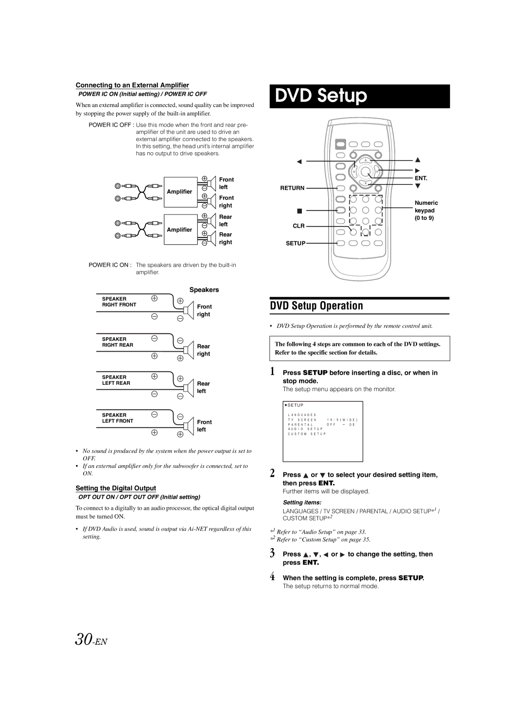 Alpine DVA-9861Ri owner manual DVD Setup Operation, 30-EN 