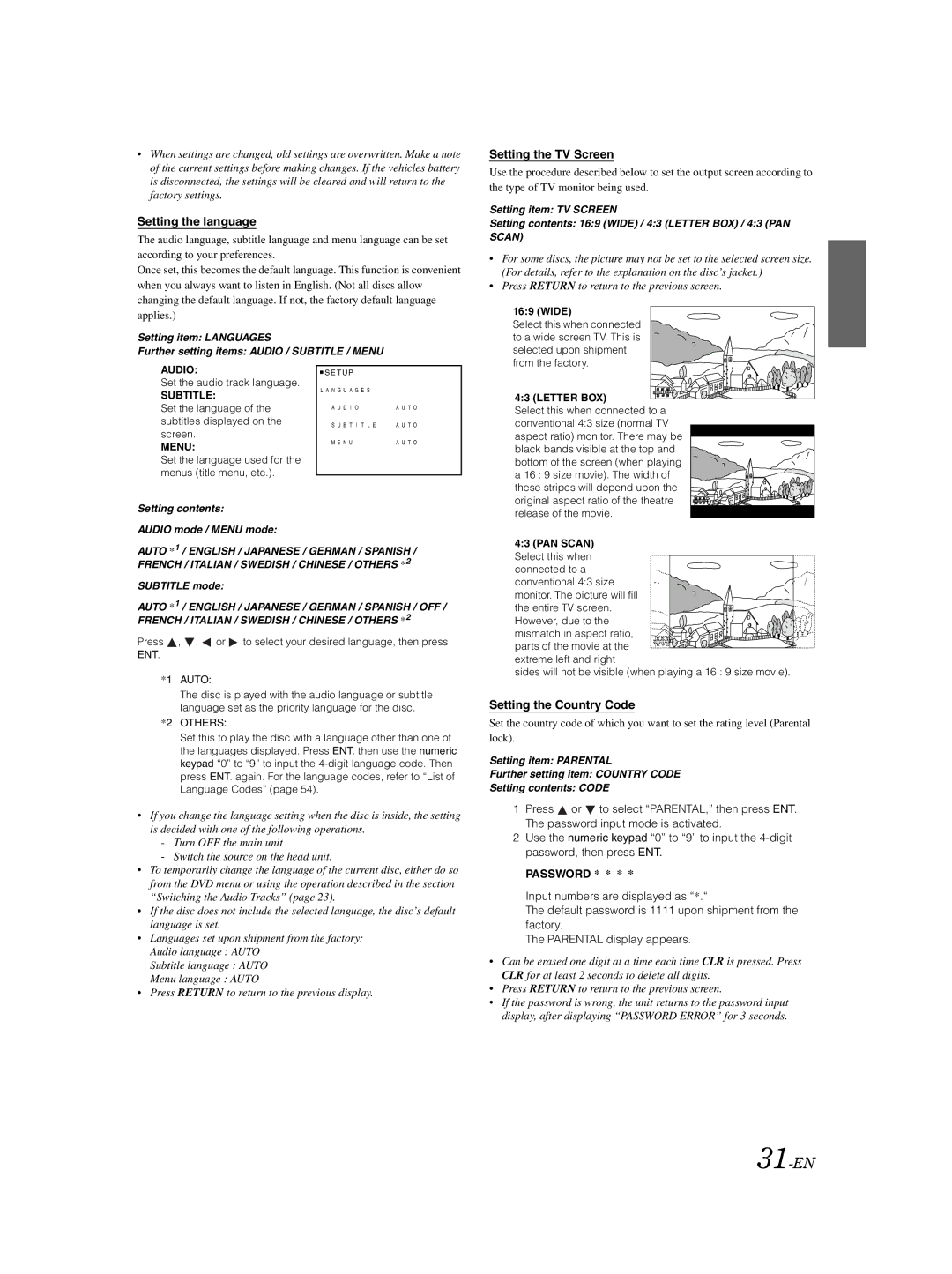 Alpine DVA-9861Ri owner manual 31-EN, Setting the language, Setting the TV Screen, Setting the Country Code 