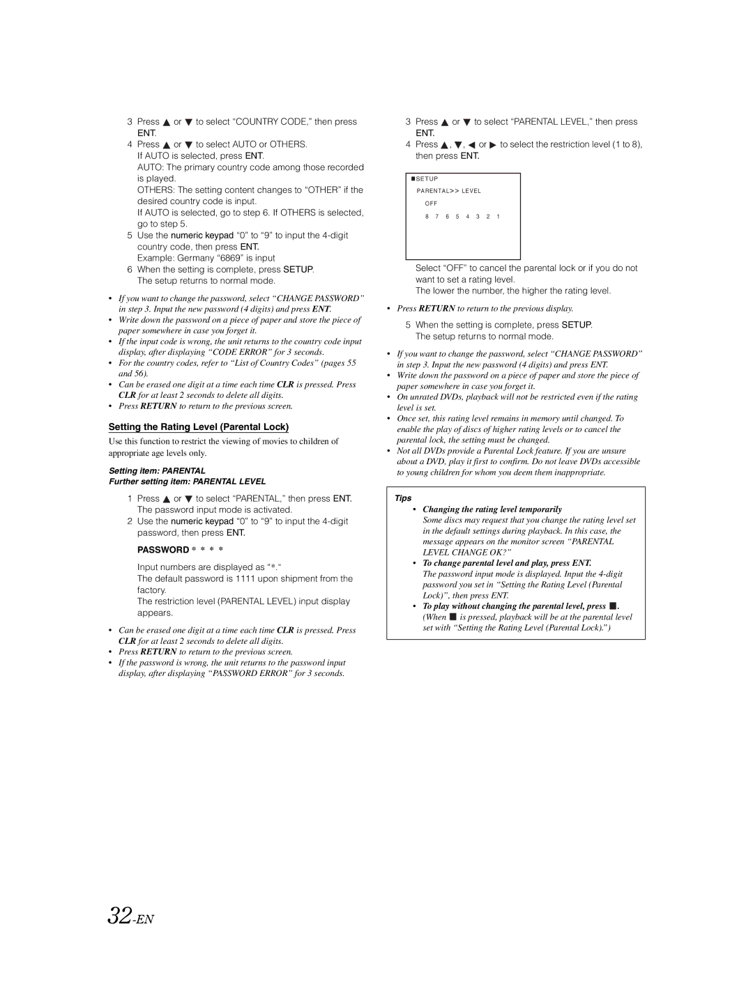 Alpine DVA-9861Ri 32-EN, Setting the Rating Level Parental Lock, Setting item Parental Further setting item Parental Level 