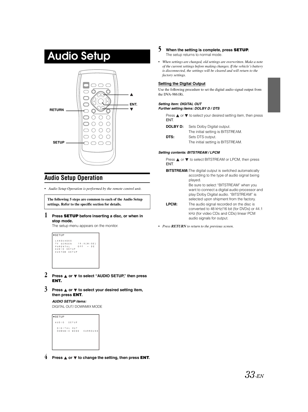 Alpine DVA-9861Ri owner manual Audio Setup Operation, 33-EN, Press or to change the setting, then press ENT 