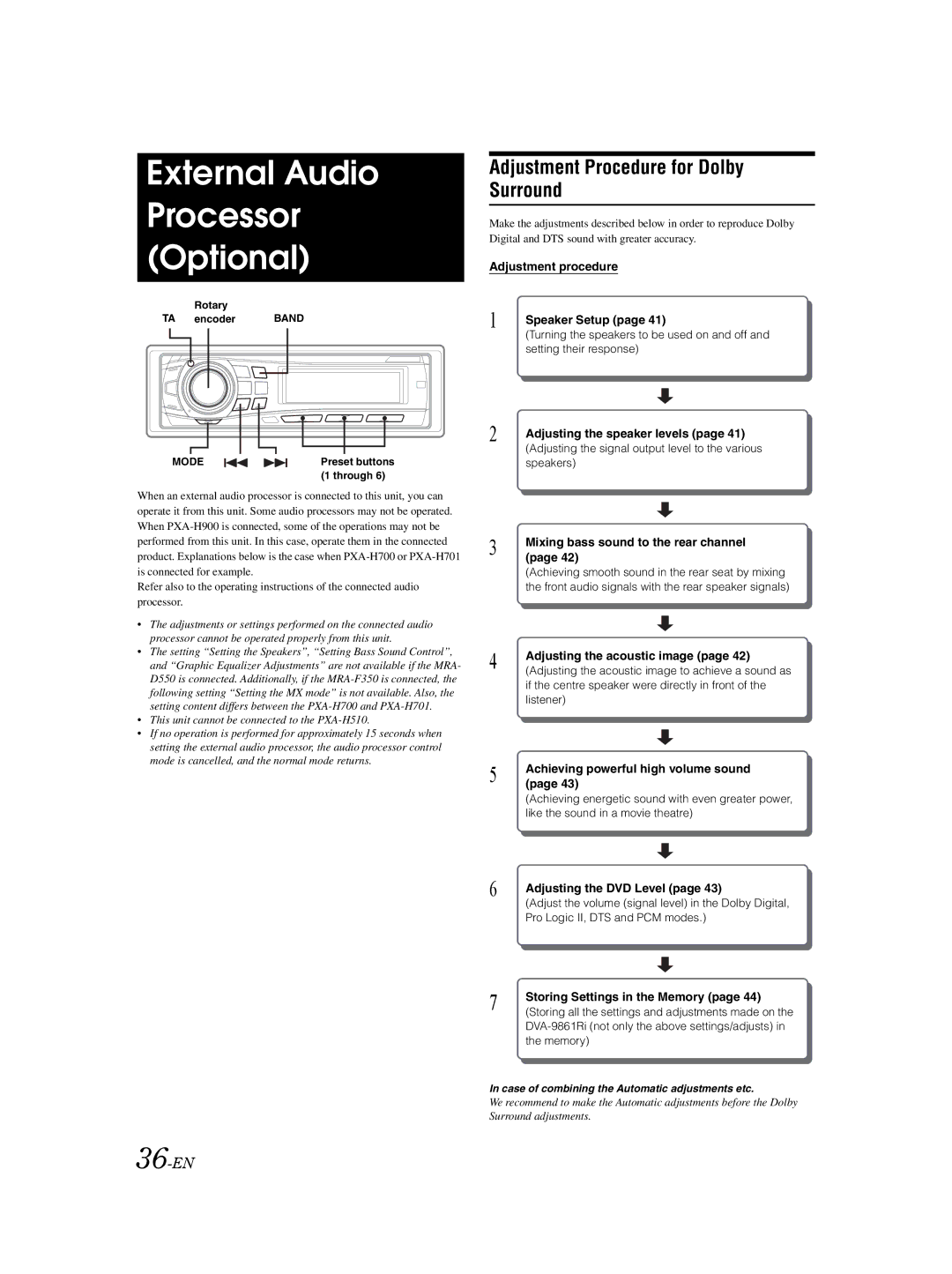 Alpine DVA-9861Ri owner manual External Audio Processor Optional, Adjustment Procedure for Dolby Surround, 36-EN 