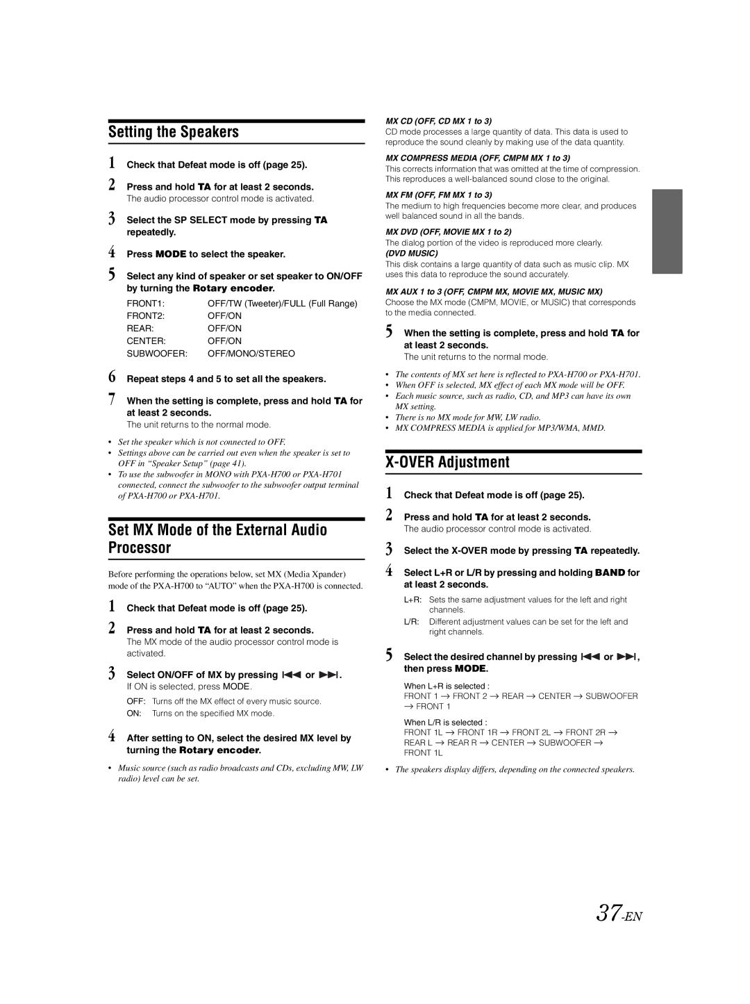 Alpine DVA-9861Ri owner manual Setting the Speakers, Set MX Mode of the External Audio Processor, Over Adjustment, 37-EN 