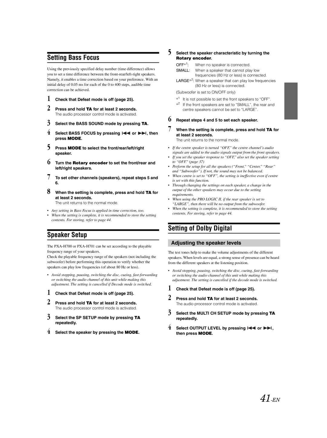 Alpine DVA-9861Ri Setting Bass Focus, Speaker Setup, Setting of Dolby Digital, Adjusting the speaker levels, 41-EN 