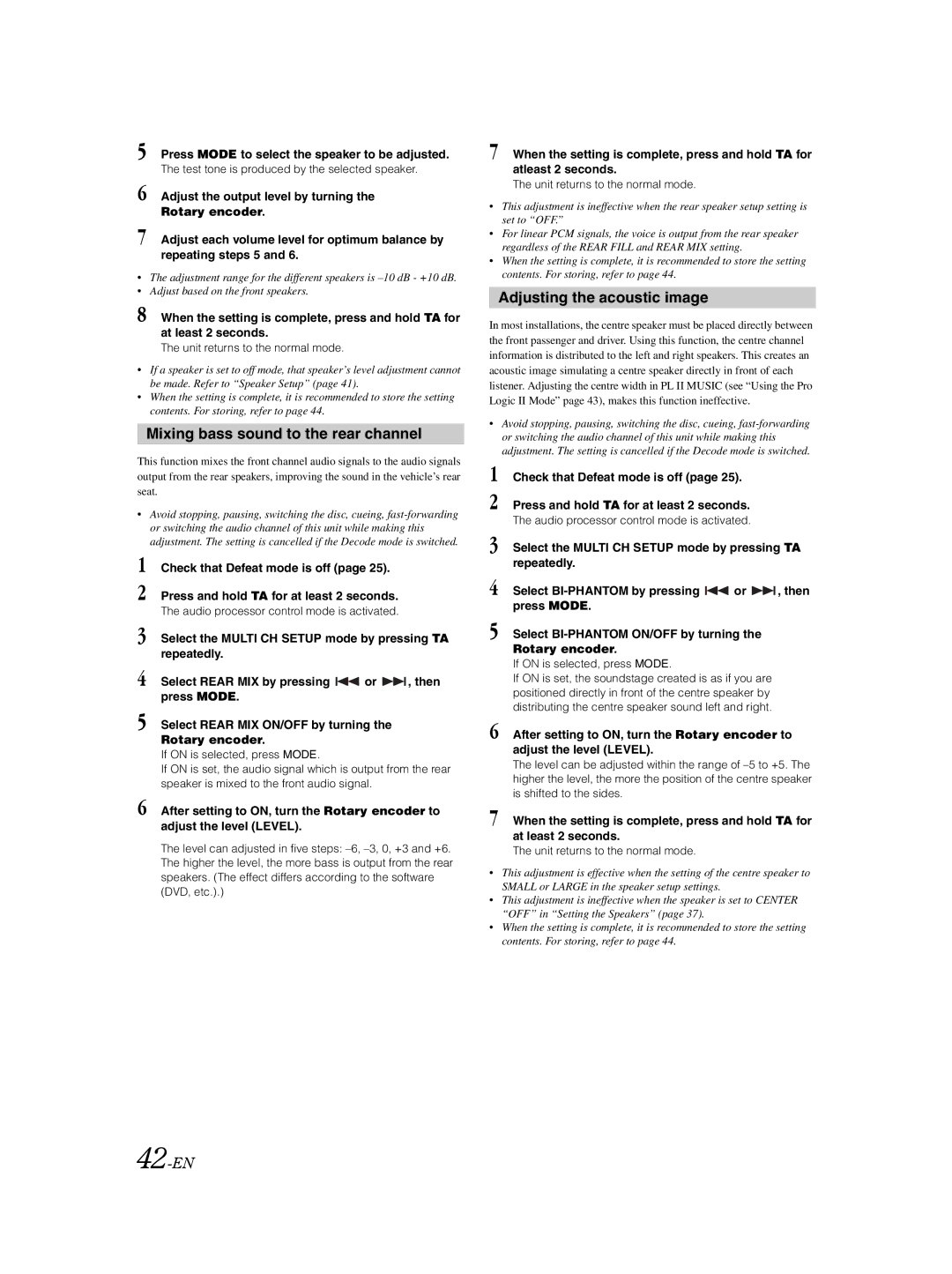 Alpine DVA-9861Ri owner manual Mixing bass sound to the rear channel, Adjusting the acoustic image, 42-EN 