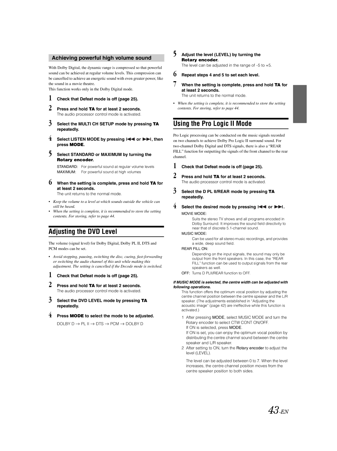 Alpine DVA-9861Ri Adjusting the DVD Level, Using the Pro Logic II Mode, Achieving powerful high volume sound, 43-EN 