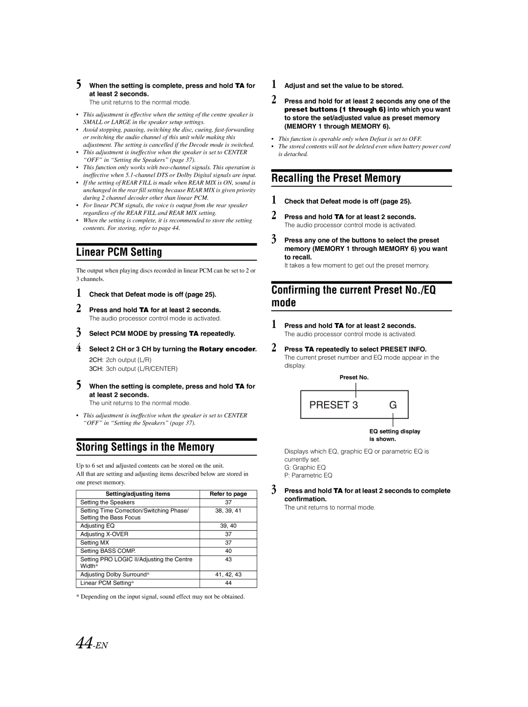 Alpine DVA-9861Ri owner manual Linear PCM Setting, Storing Settings in the Memory, Recalling the Preset Memory, 44-EN 