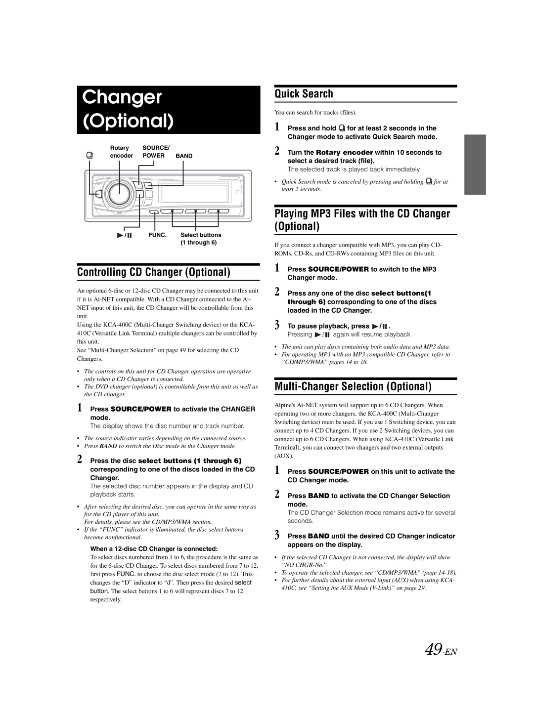 Alpine DVA-9861Ri owner manual Controlling CD Changer Optional, Playing MP3 Files with the CD Changer Optional, 49-EN 