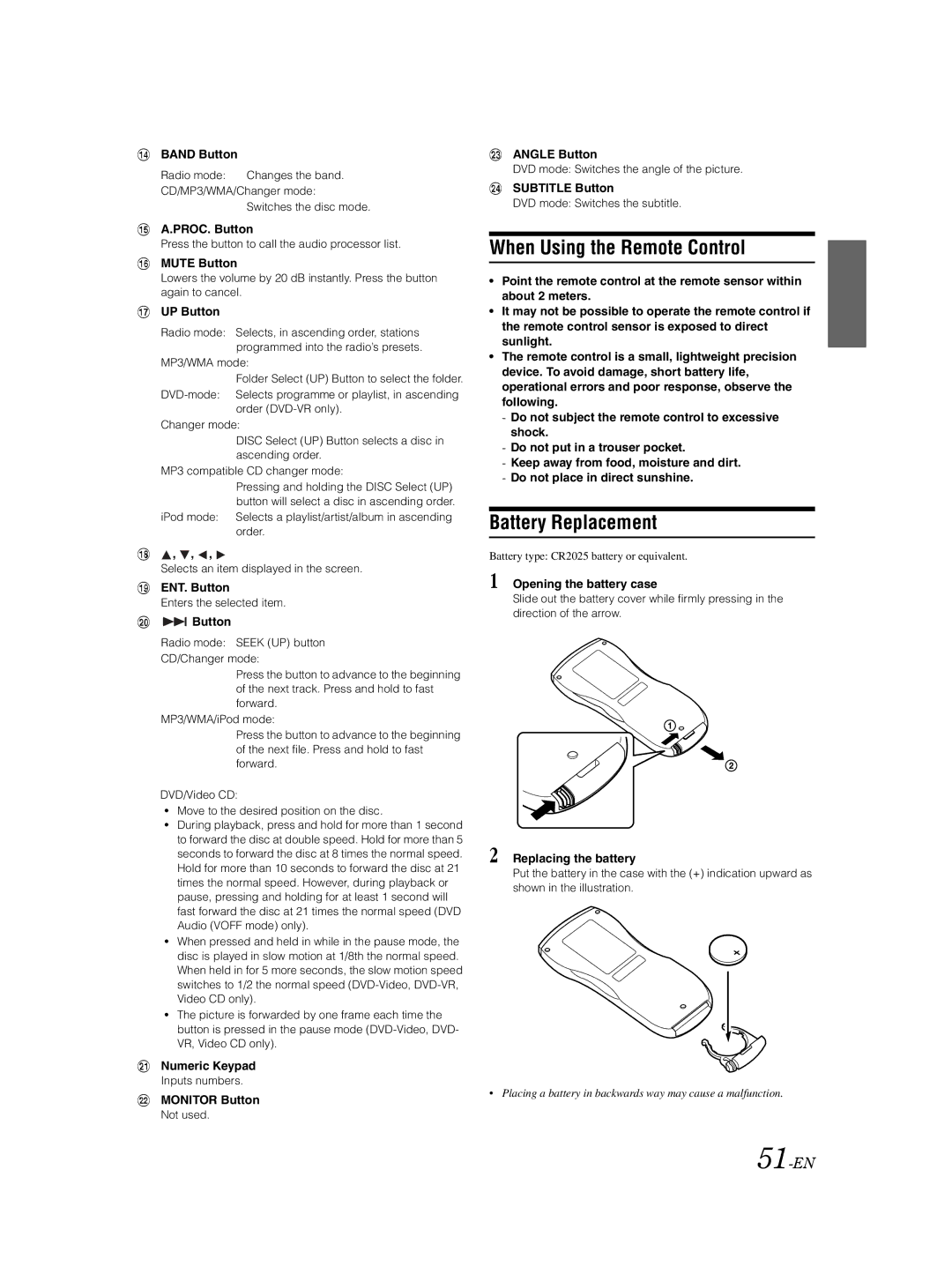 Alpine DVA-9861Ri owner manual When Using the Remote Control, Battery Replacement, 51-EN 