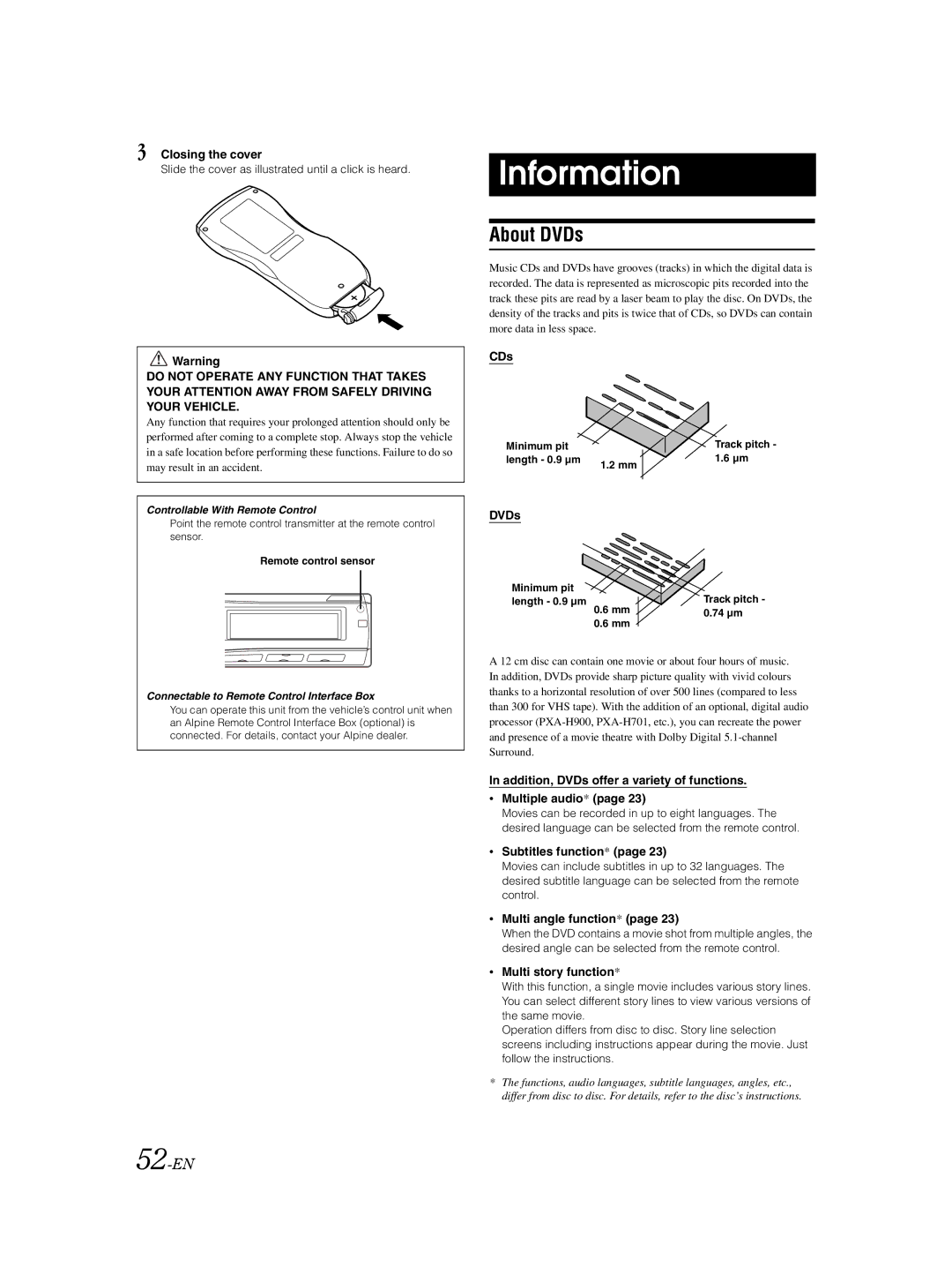 Alpine DVA-9861Ri owner manual Information, About DVDs, 52-EN 