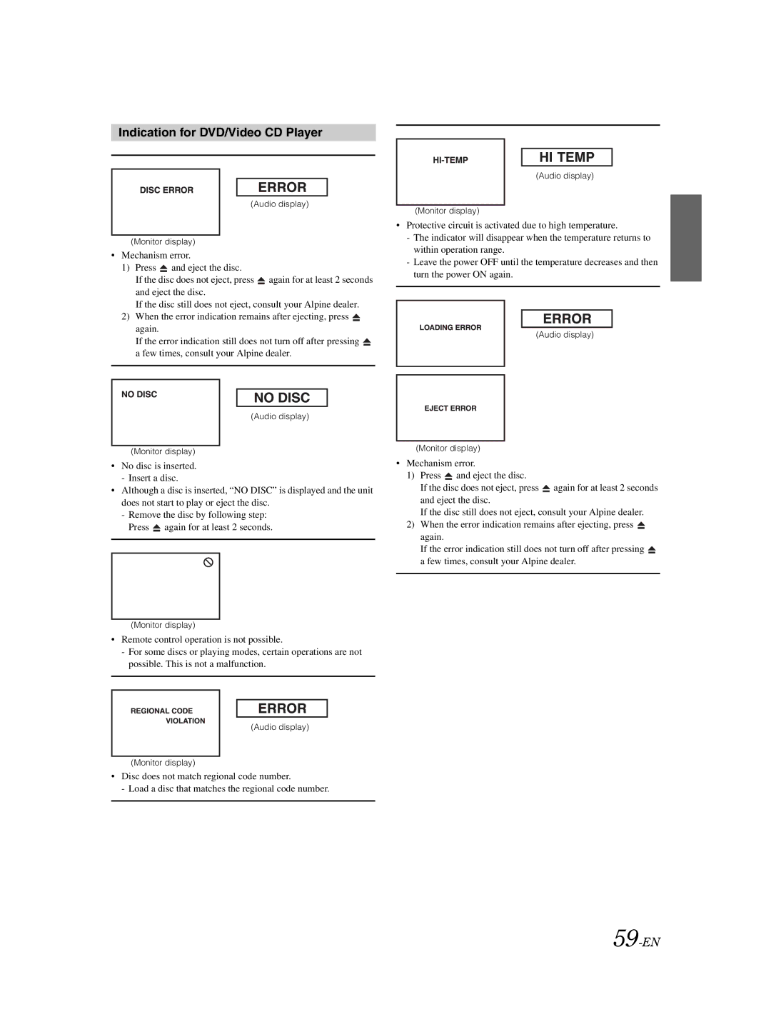 Alpine DVA-9861Ri owner manual Indication for DVD/Video CD Player, 59-EN 