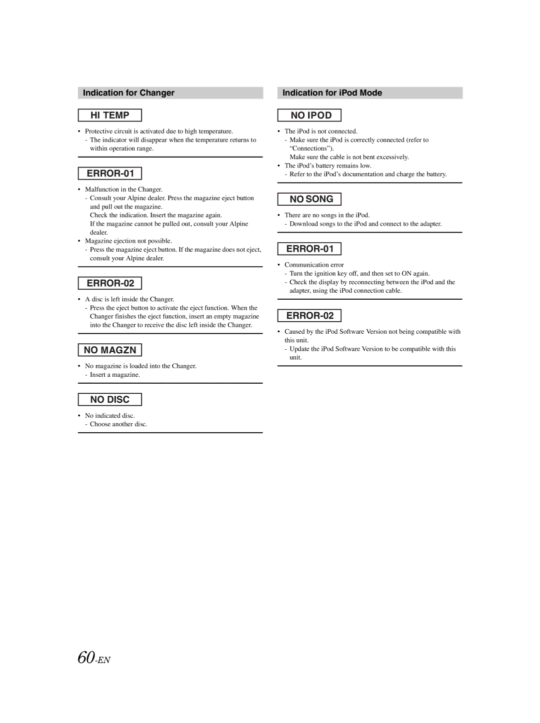 Alpine DVA-9861Ri owner manual Indication for Changer Indication for iPod Mode, 60-EN 