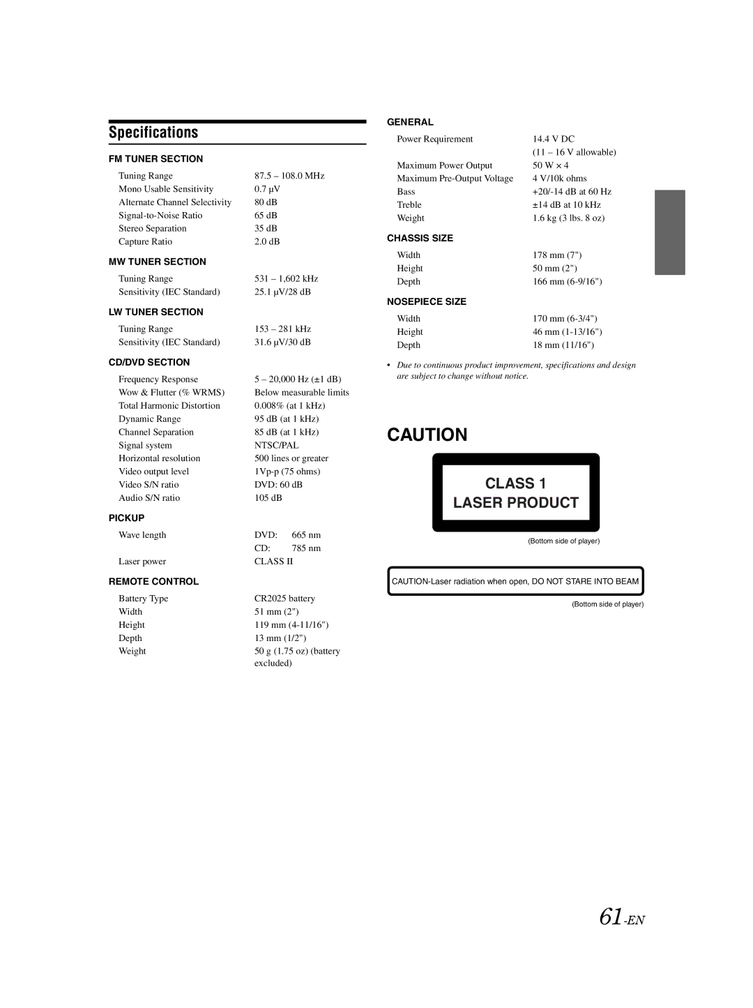 Alpine DVA-9861Ri owner manual Specifications, 61-EN 