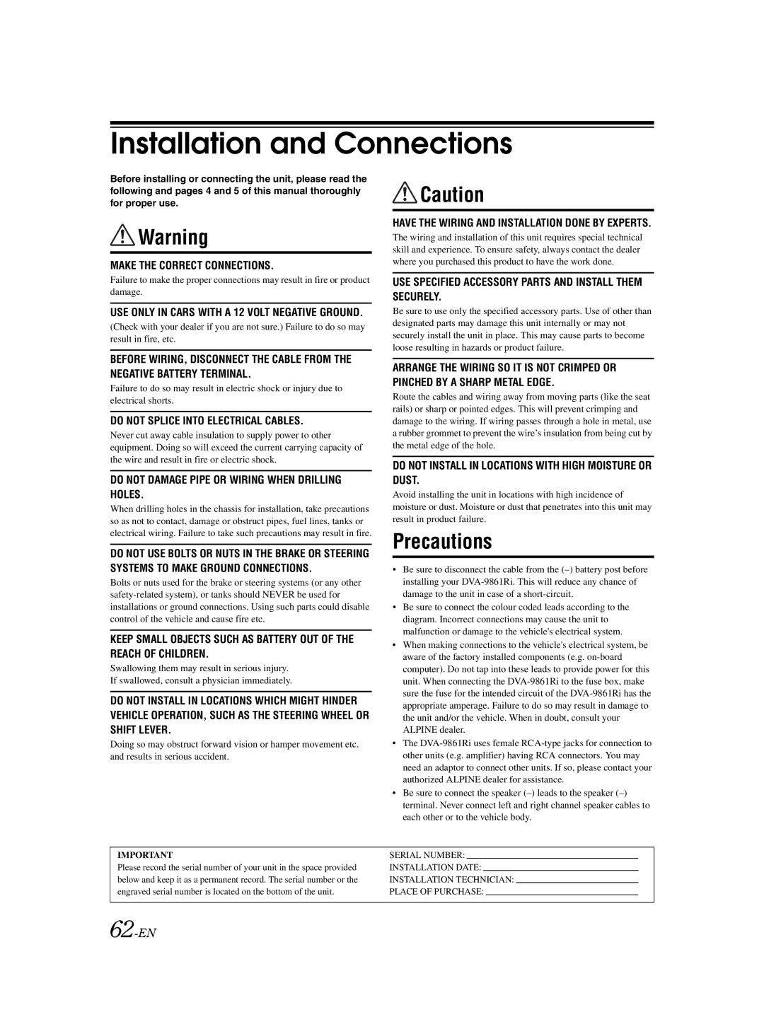 Alpine DVA-9861Ri owner manual Installation and Connections, 62-EN 