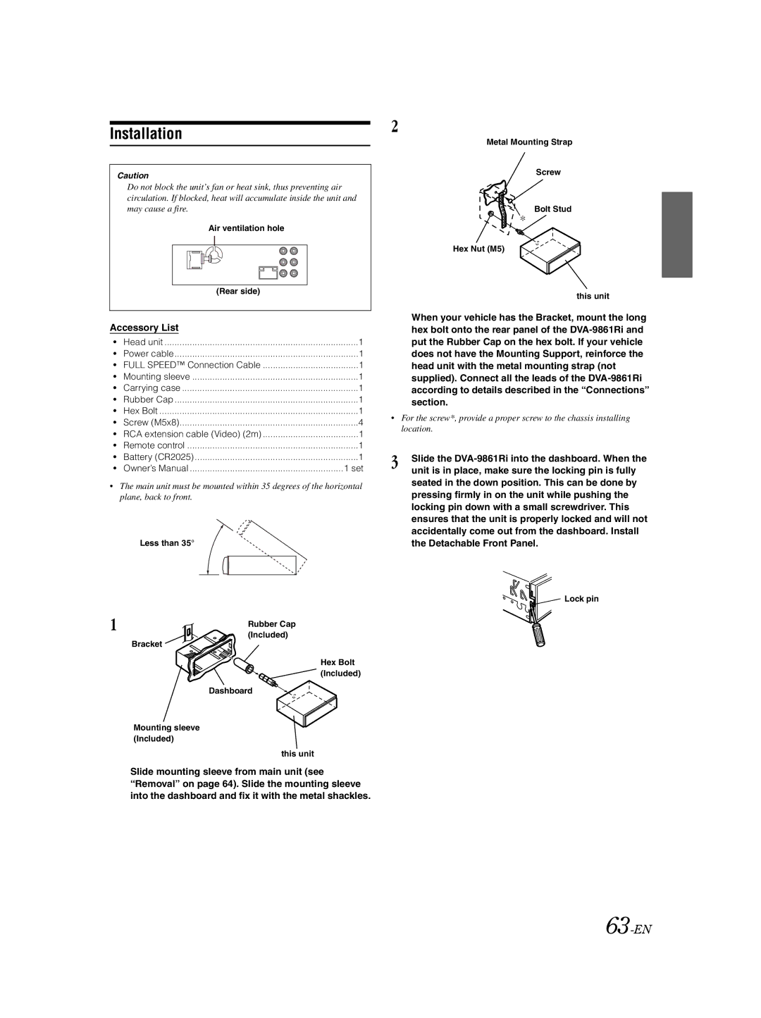 Alpine DVA-9861Ri owner manual Installation, 63-EN, Accessory List, Set 