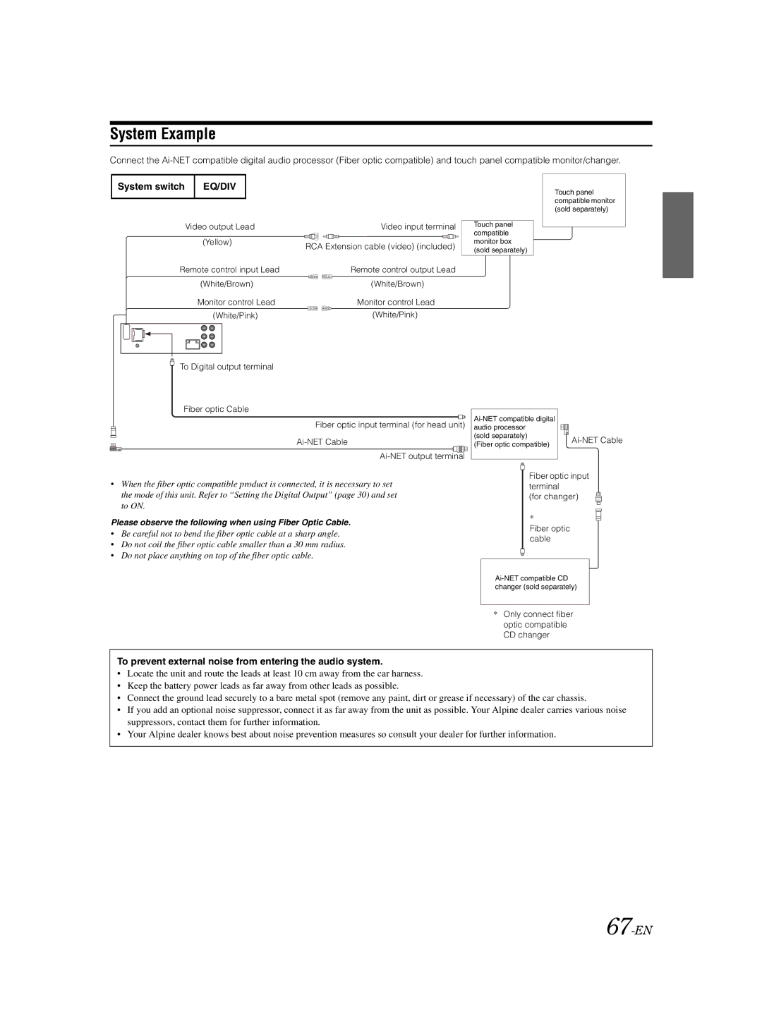 Alpine DVA-9861Ri owner manual System Example, 67-EN, To prevent external noise from entering the audio system 