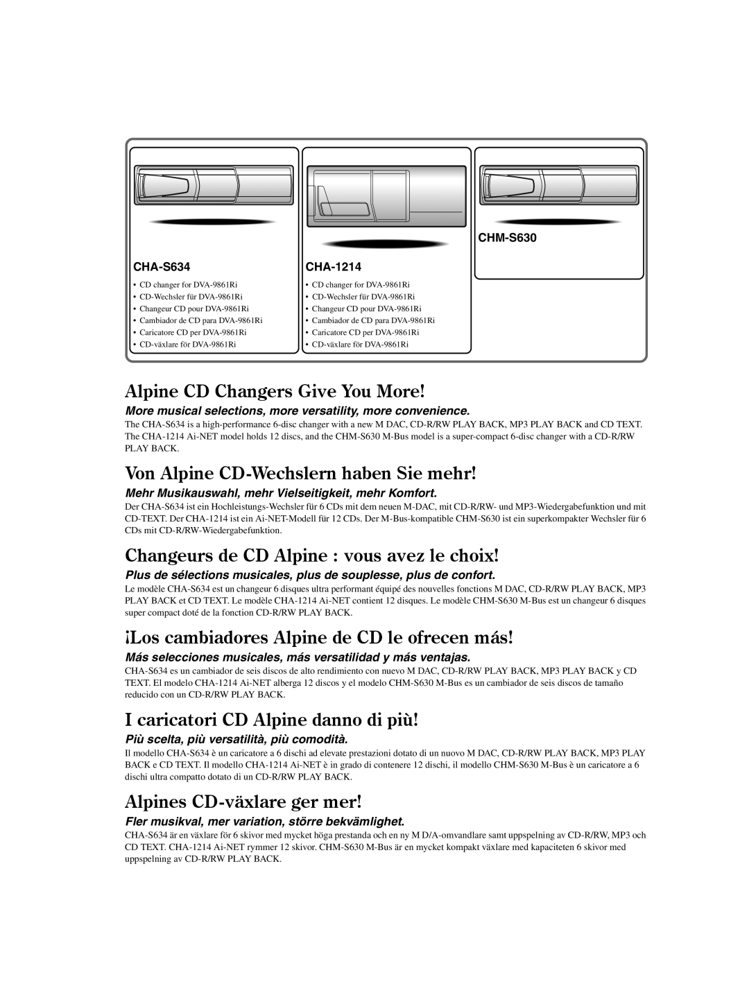 Alpine DVA-9861Ri owner manual Alpine CD Changers Give You More, CHM-S630 CHA-S634 CHA-1214 